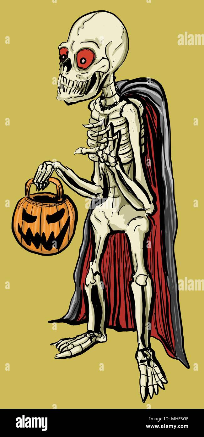 Eine halloween Skelett mit einem jack o lantern tragen ein Vampir Cape Stockfoto