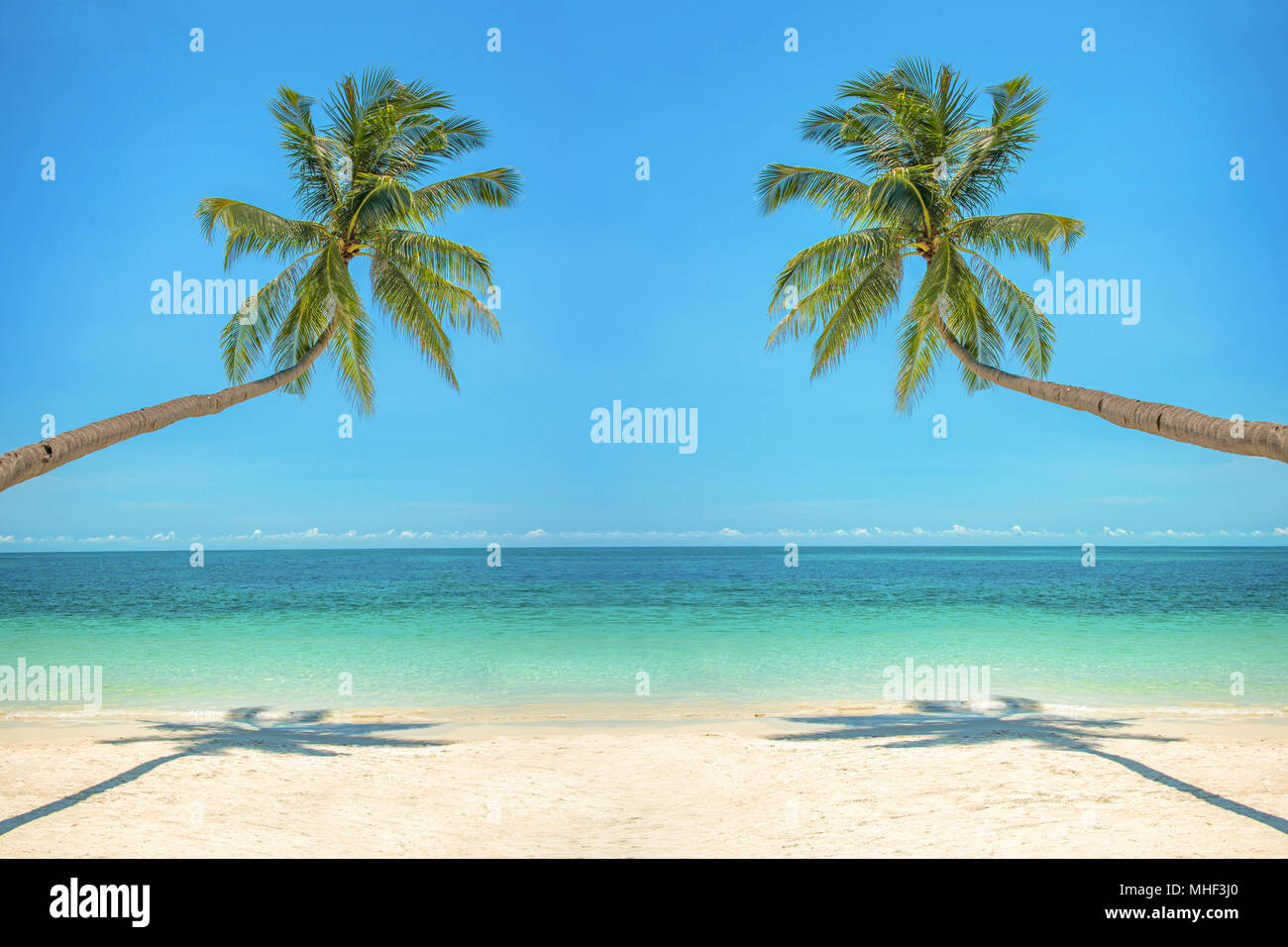 Schiefen Palmen über einen Strand mit türkisblauem Meer Stockfoto