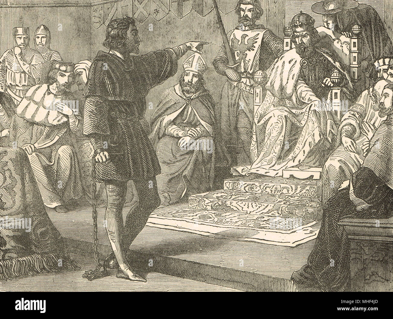 König Richard I. Weigerung Ehrerbietung zu Heinrich VI., Kaiser des Heiligen Römischen Reiches, 1193 zu zeigen, vor der Diät des Deutschen Reiches, Reichsstadt Speyer, Deutschland, Studie von Richard I. Stockfoto