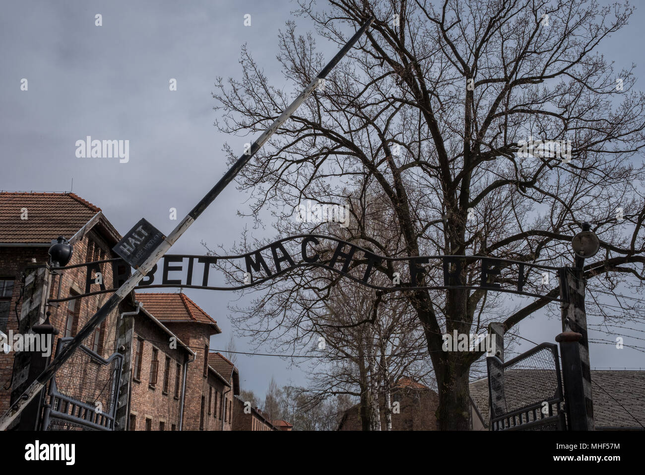 Auschwitz, Polen. Eingang der nationalsozialistischen Konzentrationslager Auschwitz 1 zeigt das historische Tor mit Schild, Arbeit macht frei - Arbeit macht frei Stockfoto