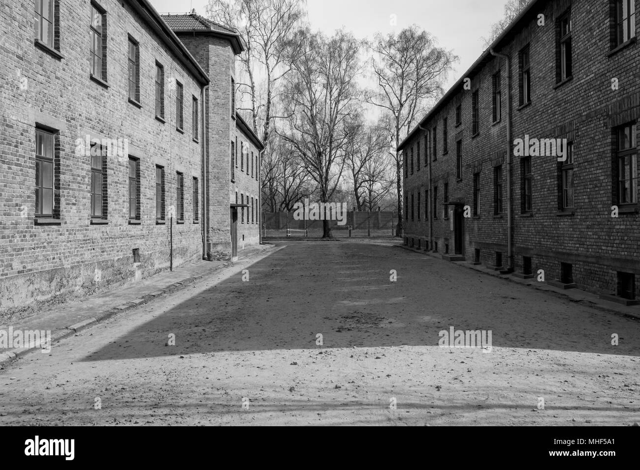 Auschwitz, Polen. Innerhalb der deutschen Konzentrationslager Auschwitz (Oswiecim), zeigt die Baracke Gebäude, in denen die Gefangenen lebten Stockfoto