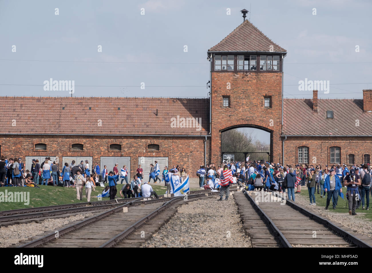 Auschwitz, Polen. Die Sicherheit Turm am Eingang zum