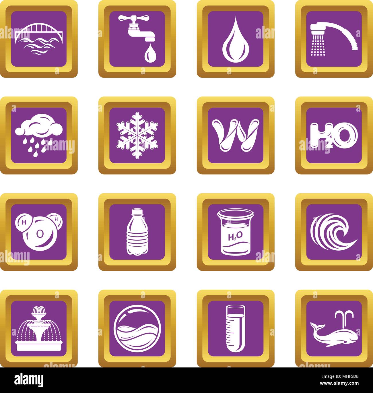 Wasser Icons Set Vector lila Quadrat auf weißem Hintergrund Stock Vektor
