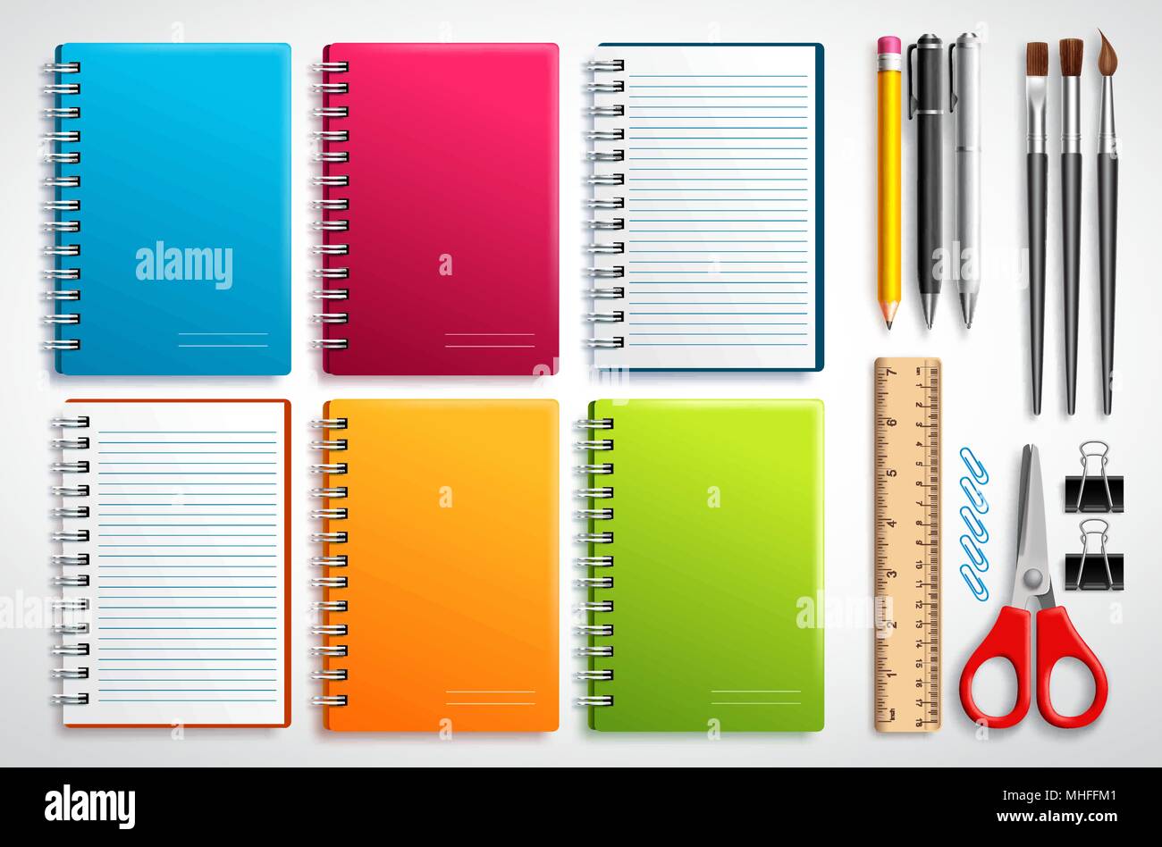 Notebook Vektor mit Schulmaterial und Bürobedarf in weißen Hintergrund für Bildungs- und zurück zur Schule Elemente isoliert. Stock Vektor