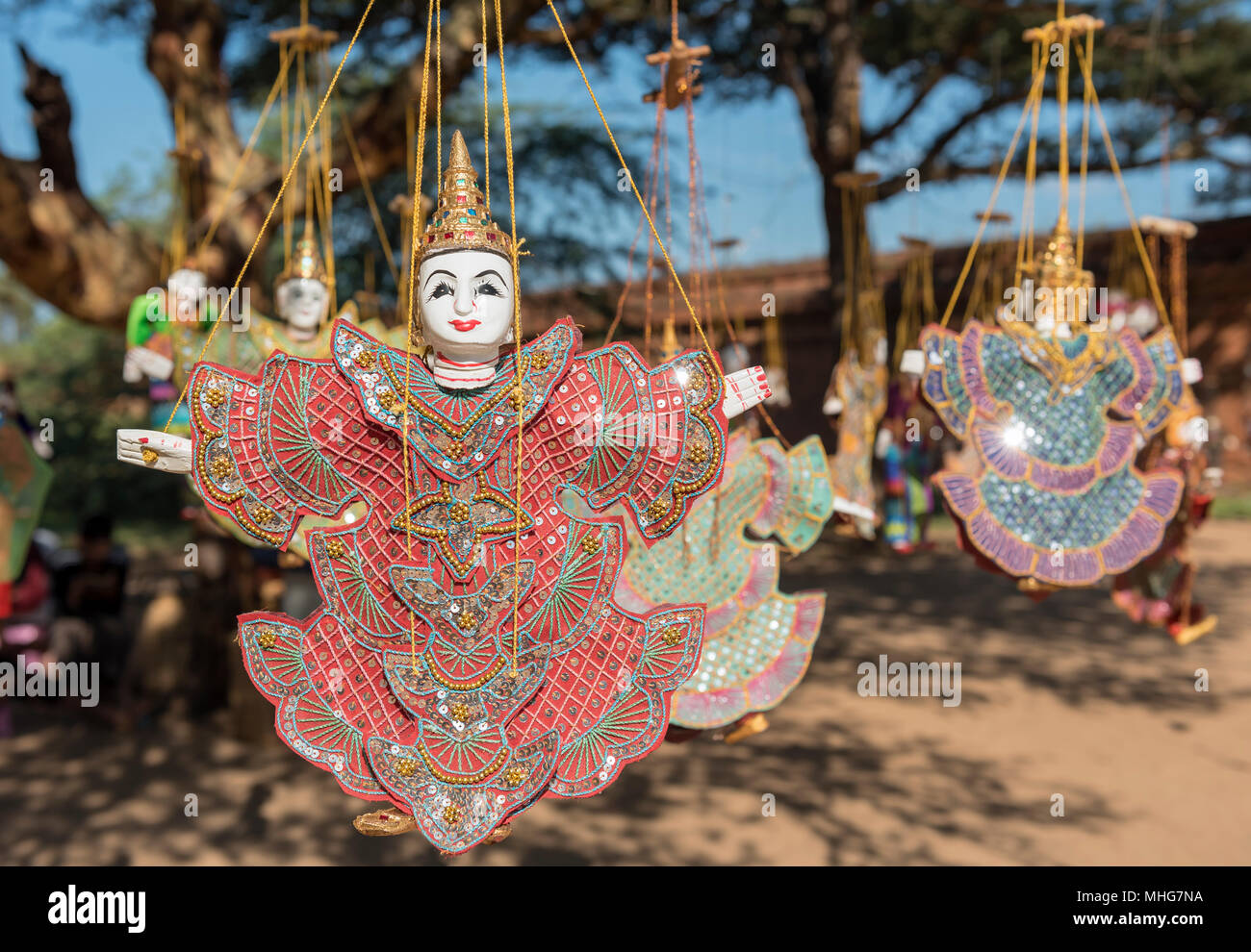 Burmesischen Marionetten als touristische Geschenke in Bagan, Myanmar verkauft Stockfoto