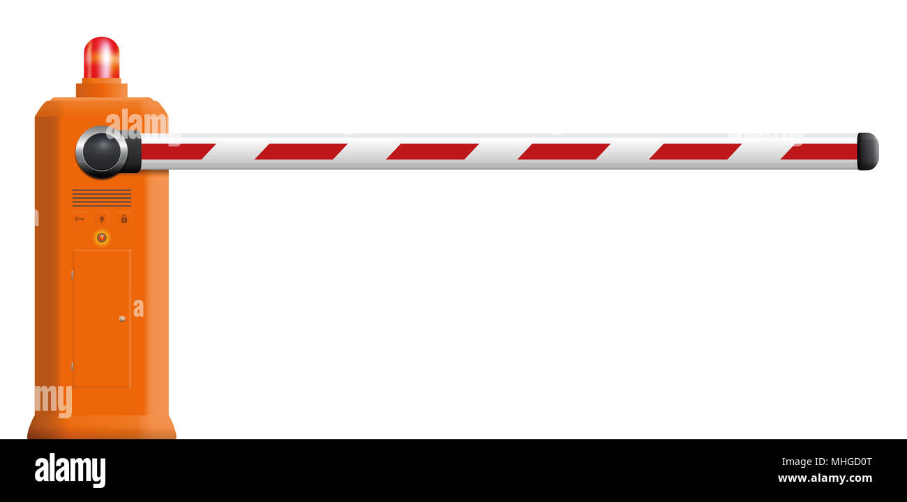 Barriere Tor mit geschlossenen Bar und roten Warnleuchte - realistische technische 3D-Abbildung auf weißen Hintergrund. Stockfoto