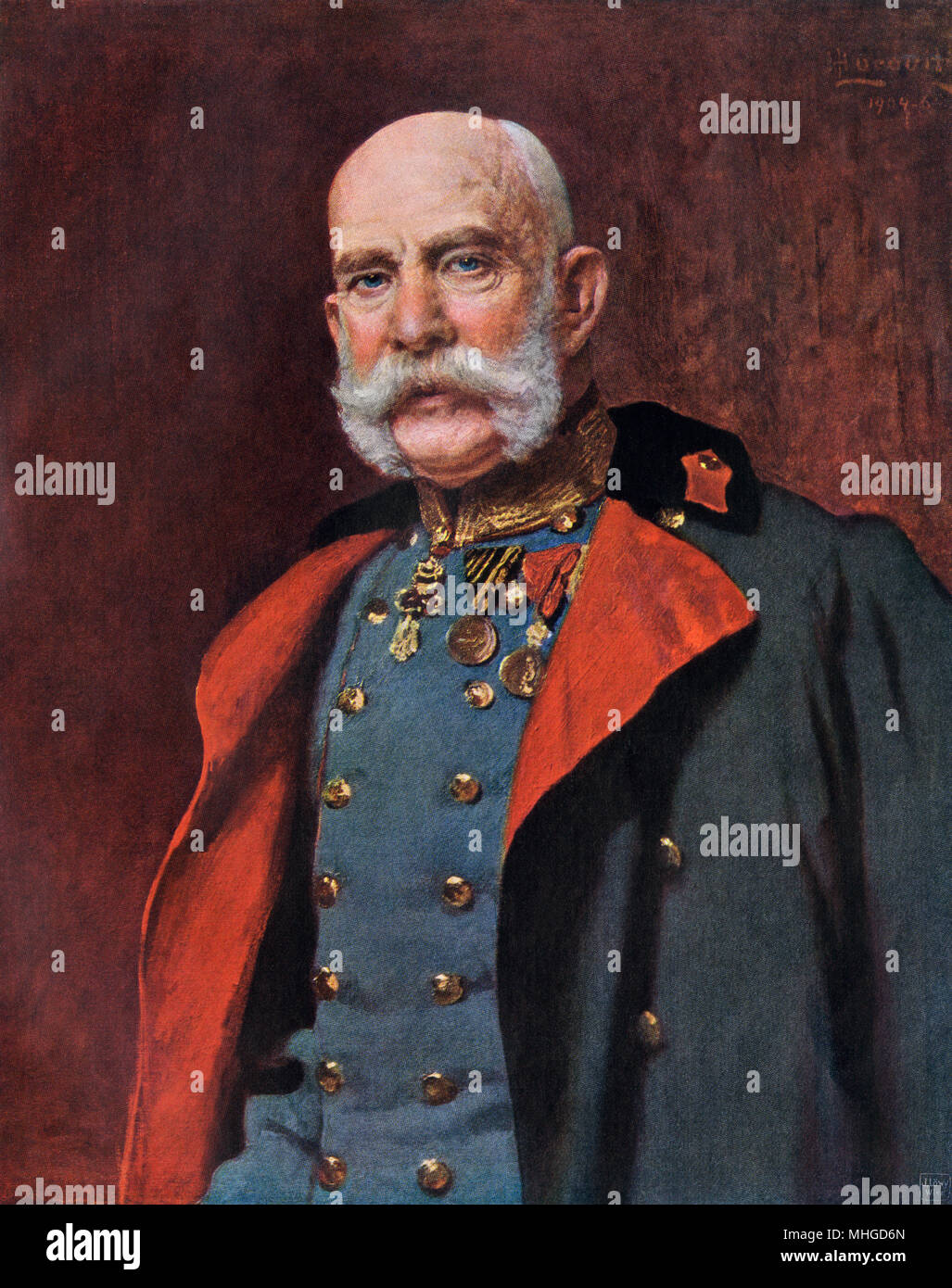 Franz Joseph I., Kaiser von Österreich. Gedruckte farbige Reproduktion eines Öl portrait Stockfoto