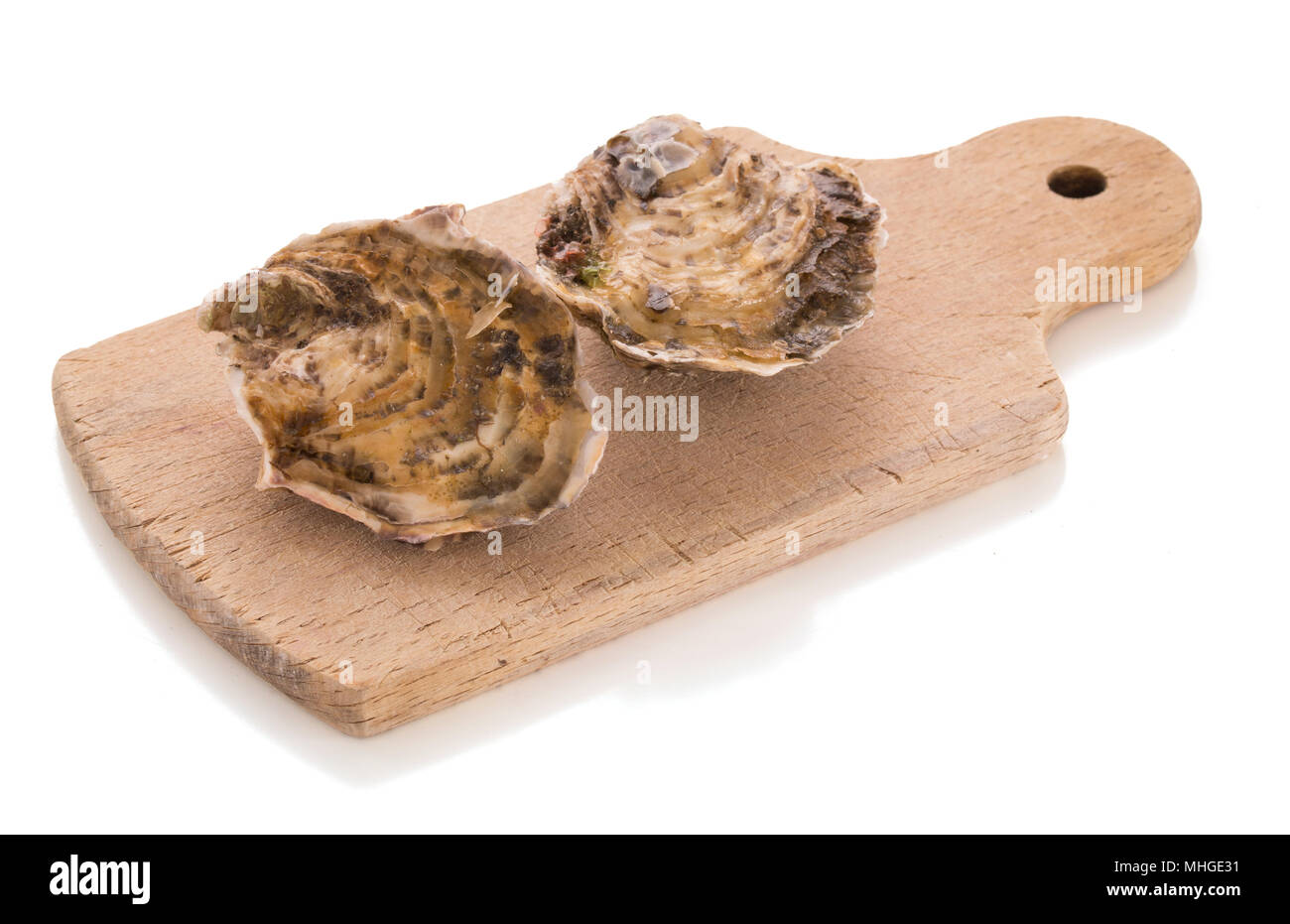 Zwei geschlossene Auster auf einer hölzernen Schneidebrett isoliert auf weißem Hintergrund Stockfoto