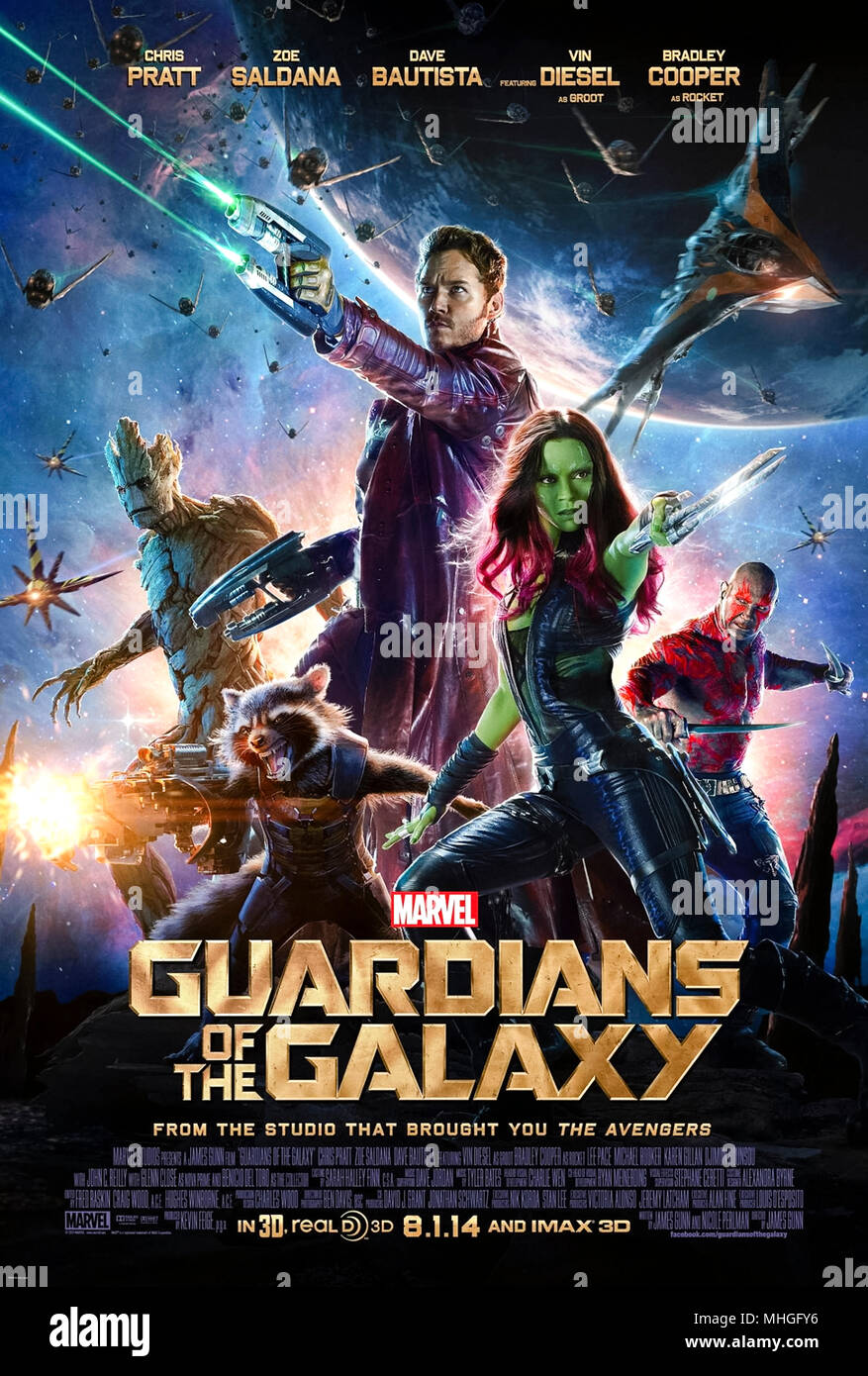 Die wächter der Galaxie (2014) unter der Regie von James Gunn und Hauptdarsteller Chris Pratt, Vin Diesel, Bradley Cooper, Zoe Saldana und Dave Bautista. Eine motley Crew von Kriminellen speichern das Universum im Stil. Stockfoto