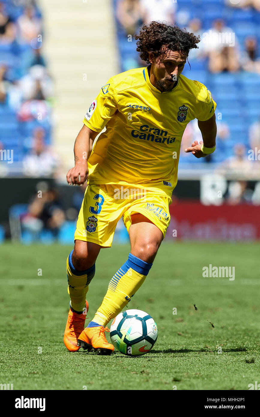 28. April 2018, Cornella-El Prat, Cornella de Llobregat, Barcelona, Spanien; La Liga Fußball, Espanyol gegen Las Palmas; Aguirregaray von UD Las Palmas läuft vorwärts Stockfoto