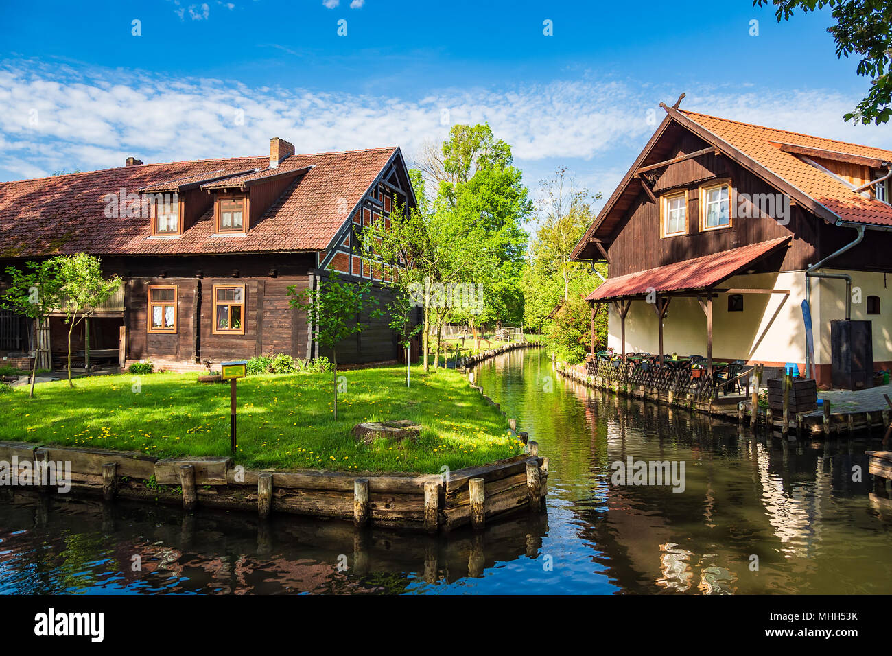 Landschaft mit Hütten in den Spreewald, Deutschland. Stockfoto