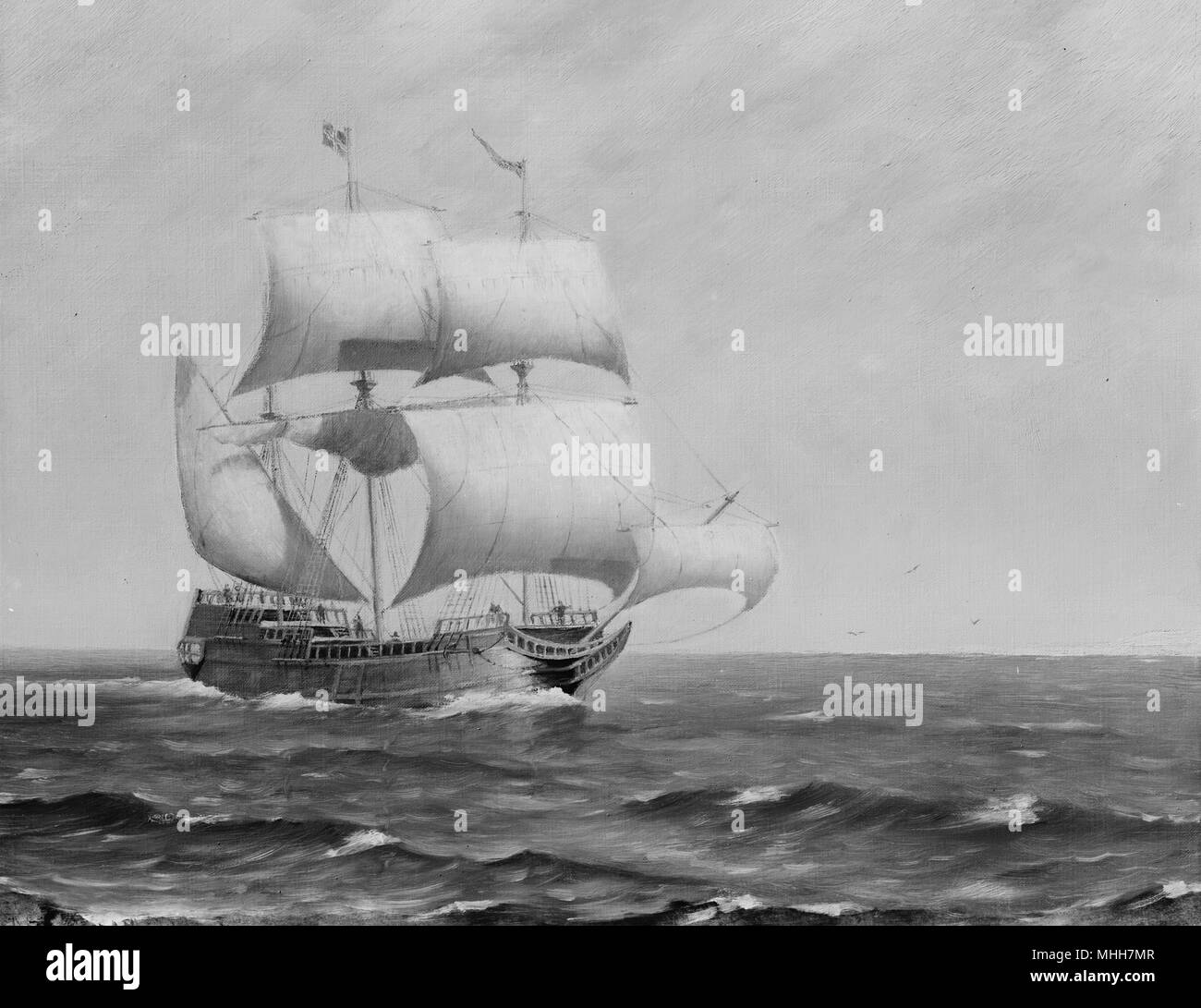 Abbildung der Mayflower, wie es Segel nach Amerika Stockfoto