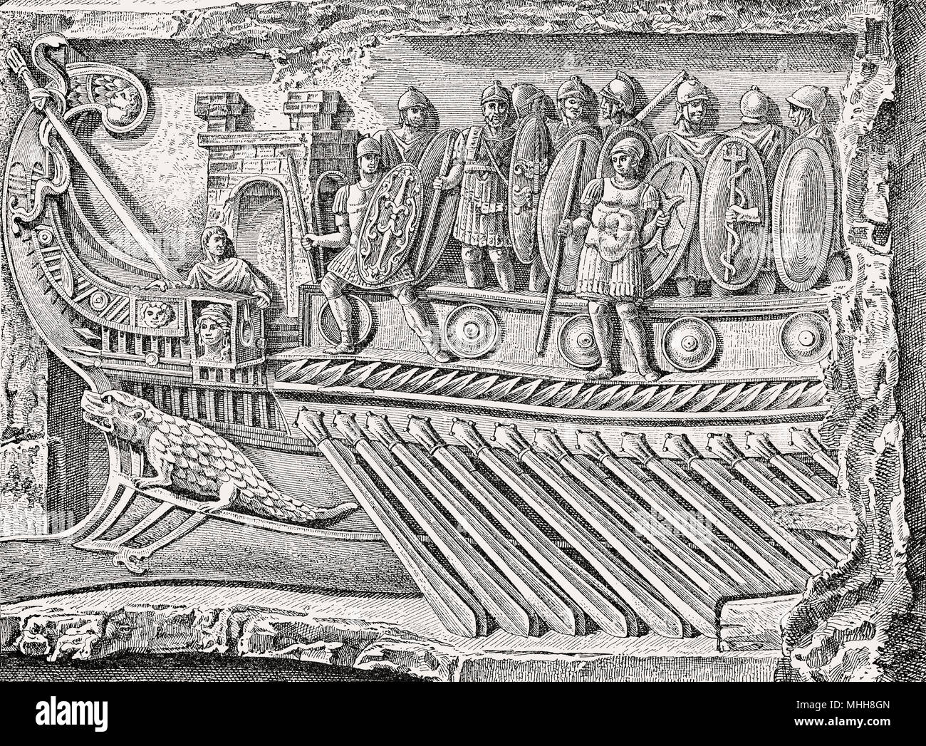 Eine römische Marine bireme, Relief aus dem Tempel der Fortuna Primigenia in Praeneste, das antike Römische Reich Stockfoto