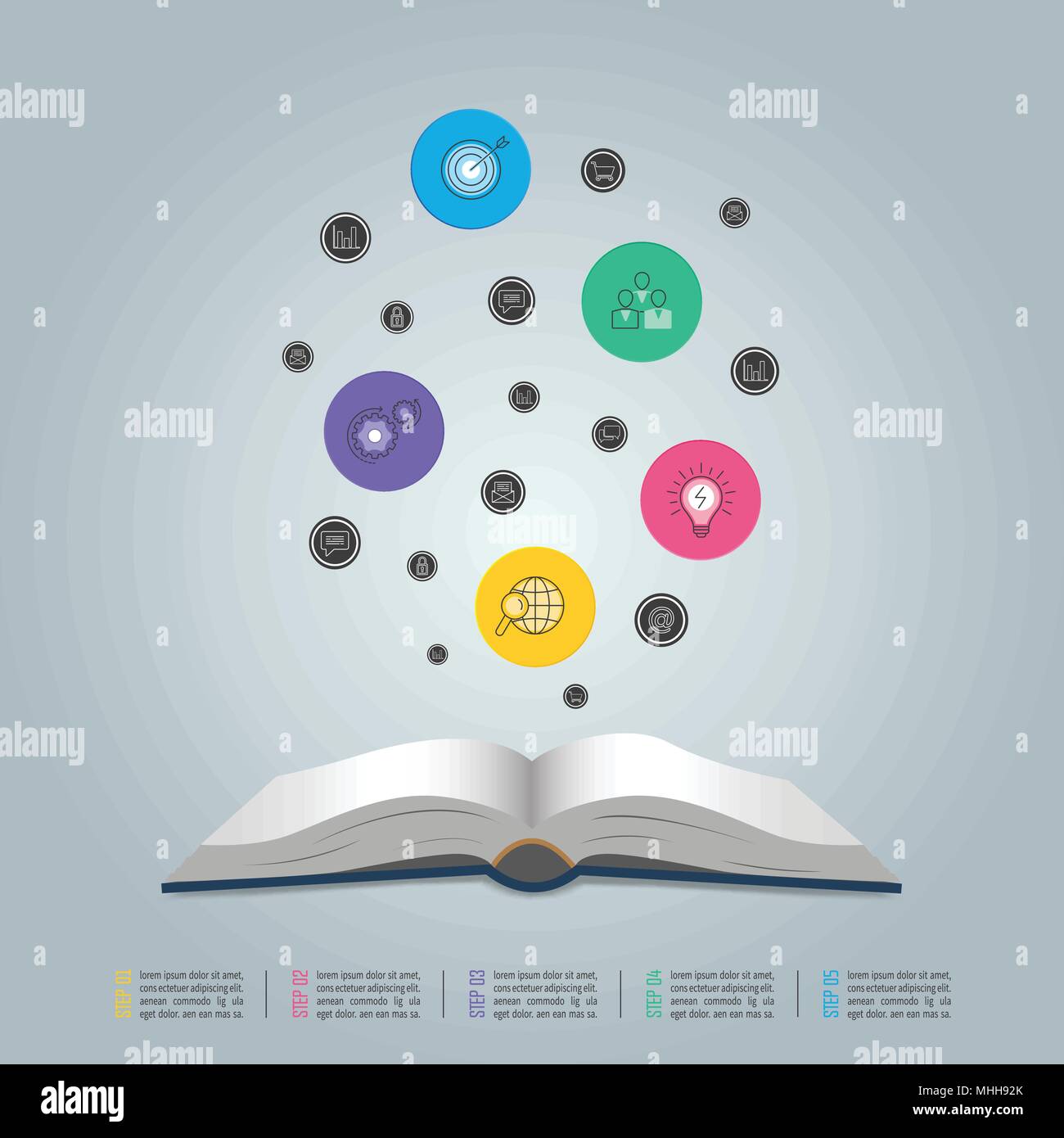 Bildung Infografiken Schritt 5 die Option Vorlage. Buchen Sie Öffnen mit Marketing Symbole und Business Infografik design Vector für Präsentation, Workflow Layout Stock Vektor