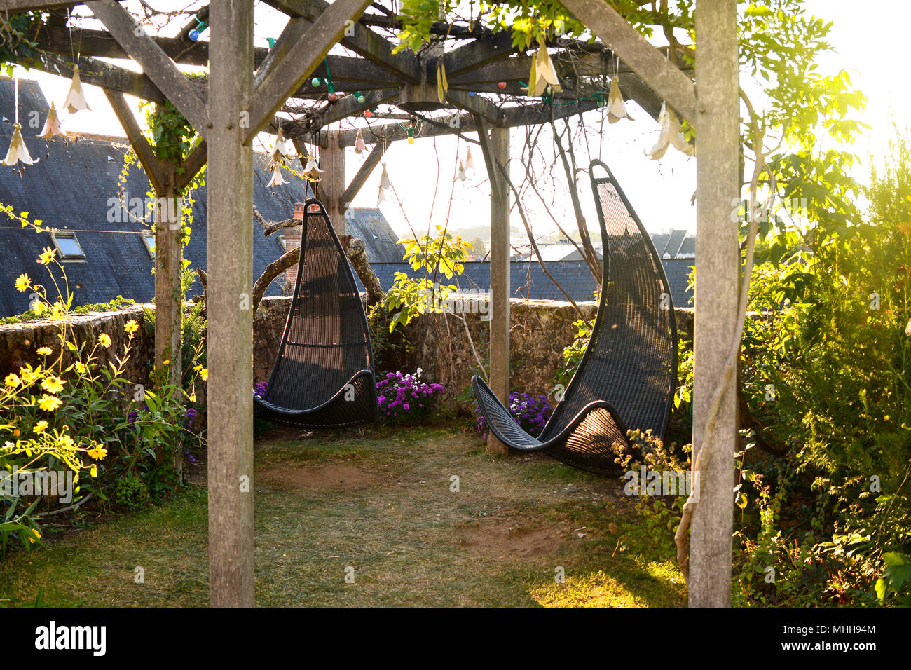 Wicker Hangenden Stuhle Im Garten Mit Grunen Natur Hintergrund