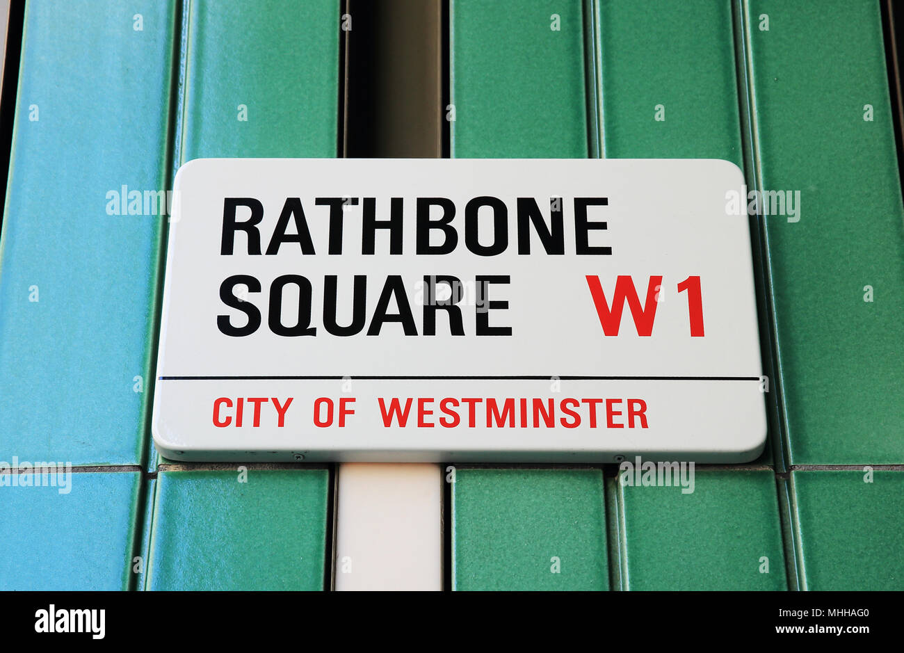 Zeichen für die neue Rathbone Square, Westminster, London W1, England, Großbritannien Stockfoto