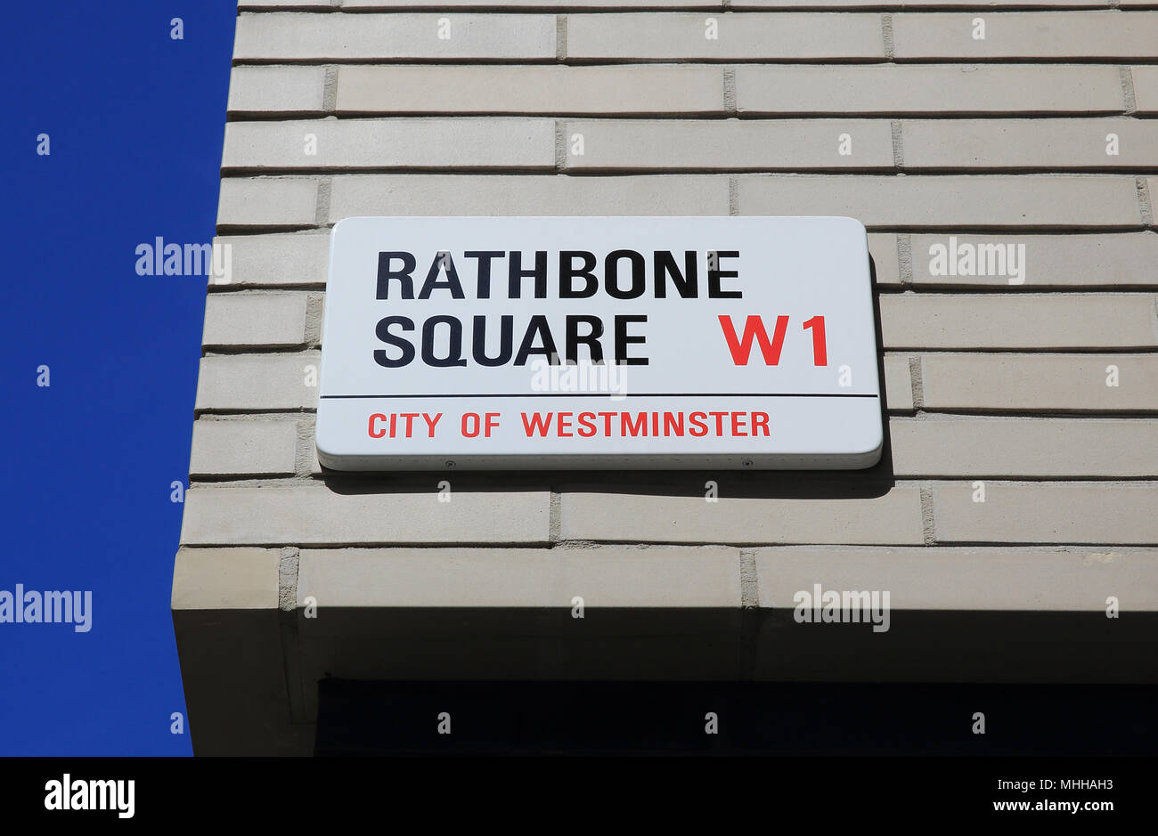Zeichen für die neue Rathbone Square, Westminster, London W1, England, Großbritannien Stockfoto