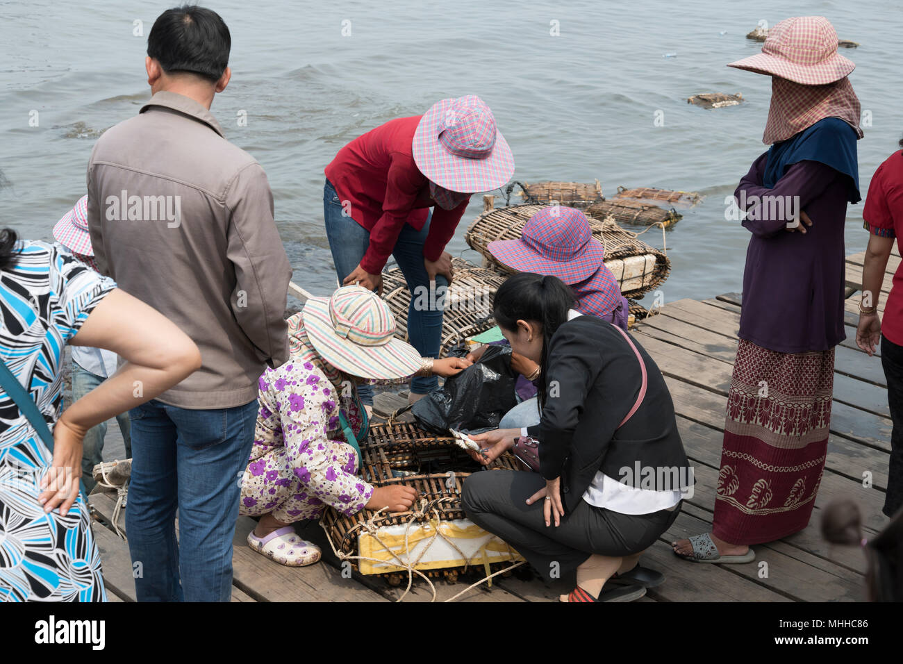 Eine kambodschanische Dame pflückt Krabben auf Kep's berühmtem Krabbenmarkt und unterstreicht die lokale Tradition von Fisch und Meeresfrüchten und die lebhafte Atmosphäre von Krong Kaep, Provinz Kep Stockfoto