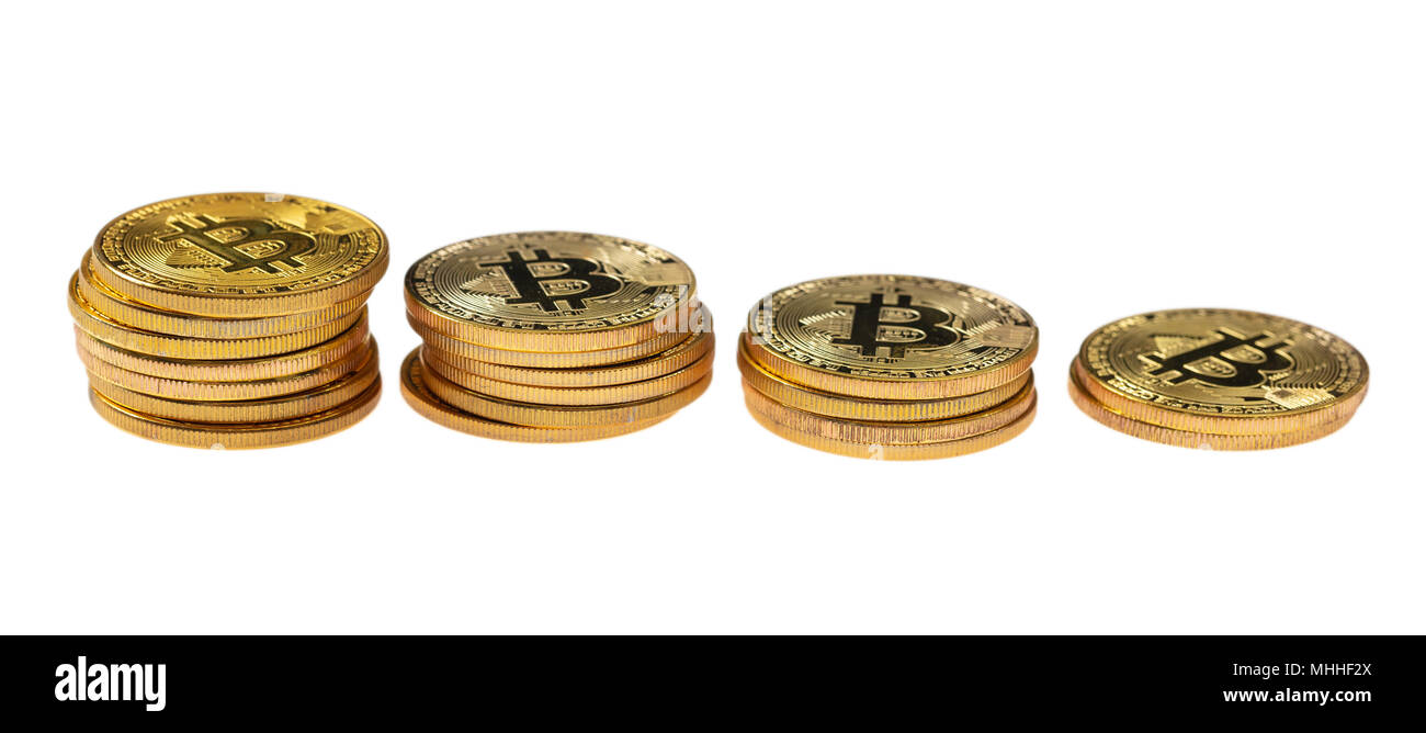 Cryptocurrency Preis verringern. Bitcoins auf weißem Hintergrund Stockfoto