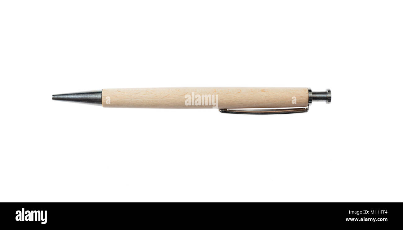 Kugelschreiber oder Druckbleistift aus Naturholz auf weißem Hintergrund, Ansicht von oben Stockfoto