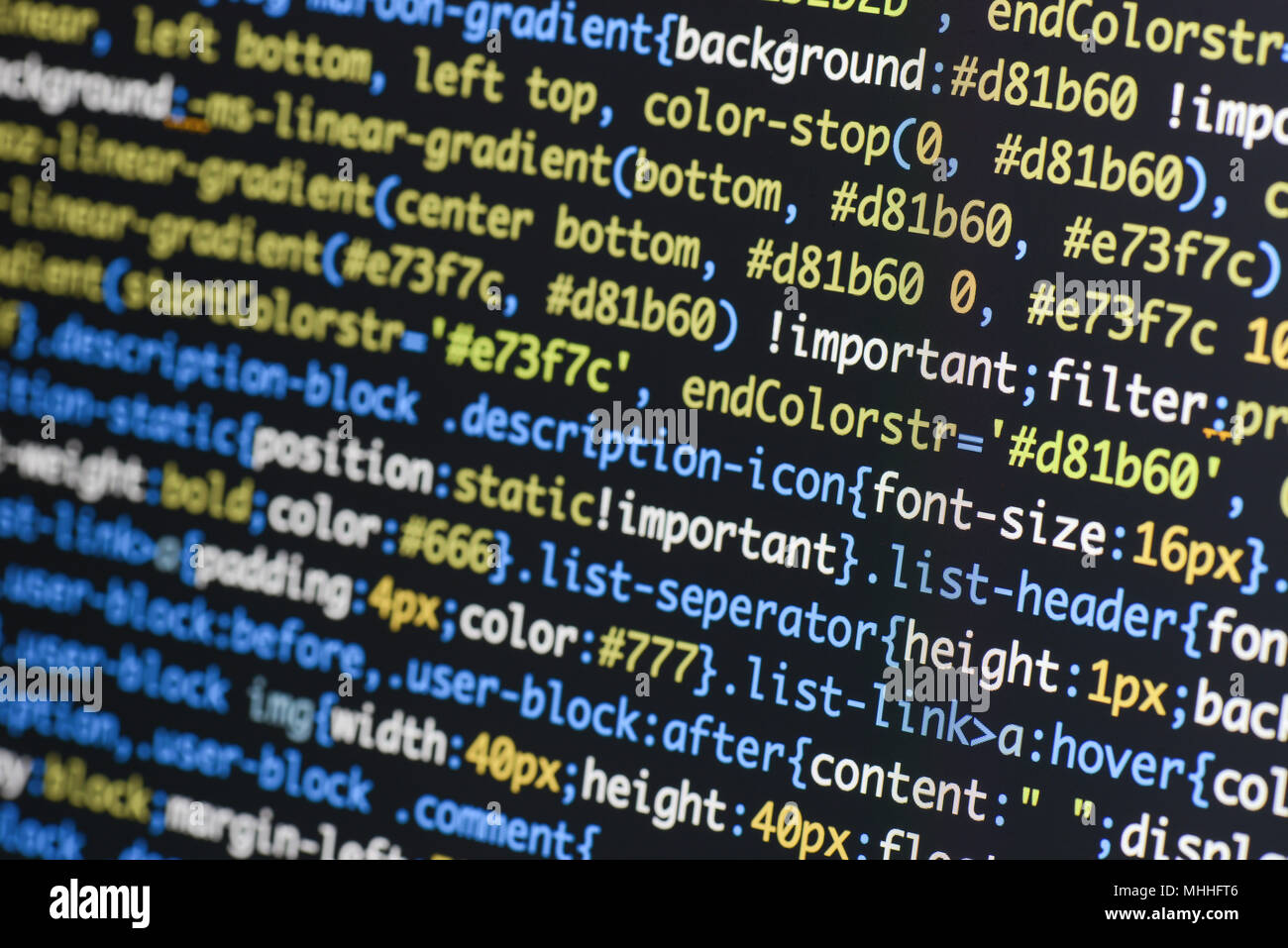 Echte css-Code entwickeln. Programmierung Workflow abstrakter Algorithmus Konzept. Zeilen CSS-Code sichtbar. Stockfoto