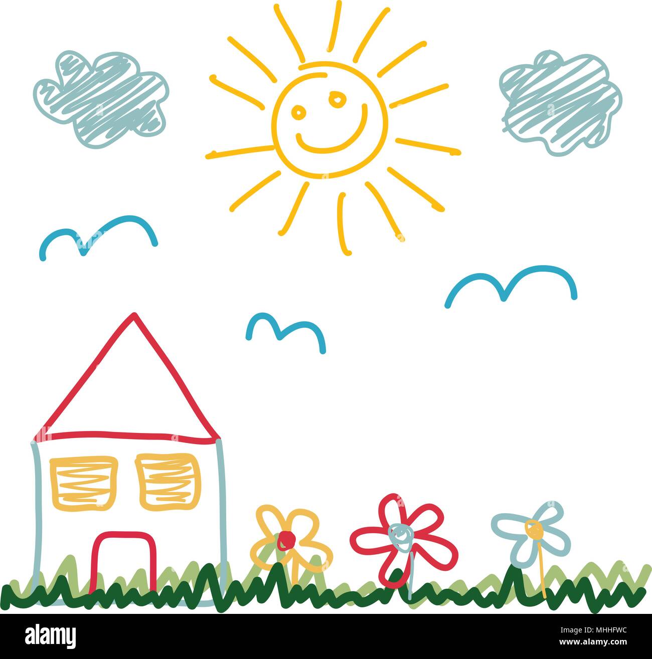 Kinder Zeichnung der sonnigen Tag Haus Stock Vektor Kinder Zeichnung der sonnigen Tag Haus Stock Vektor