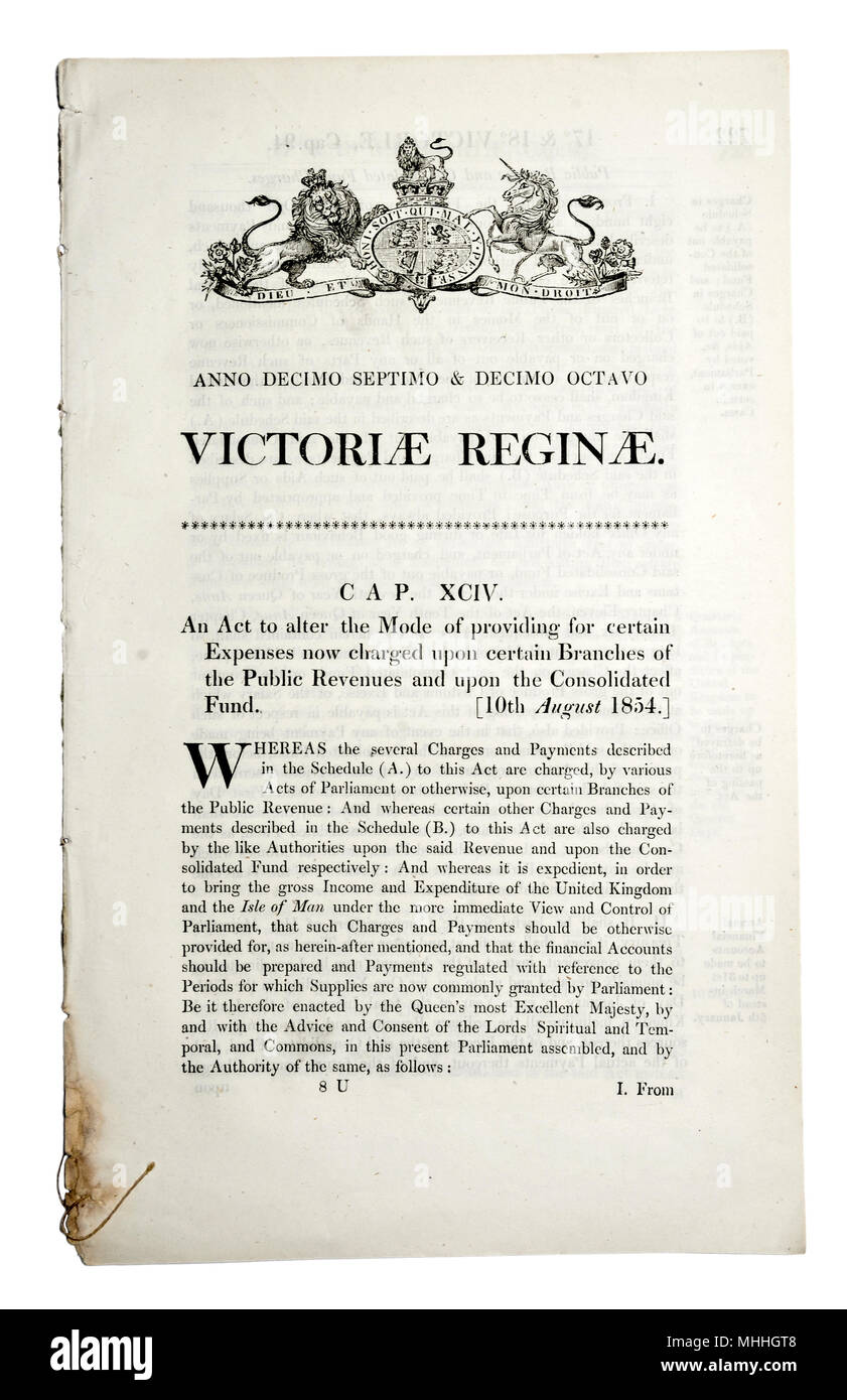 Ursprüngliche Akt des Parlaments von 1854 (Queen Victoria)' den Modus für bestimmte Kosten nun auf bestimmte Branchen Rechnung zu ändern Stockfoto