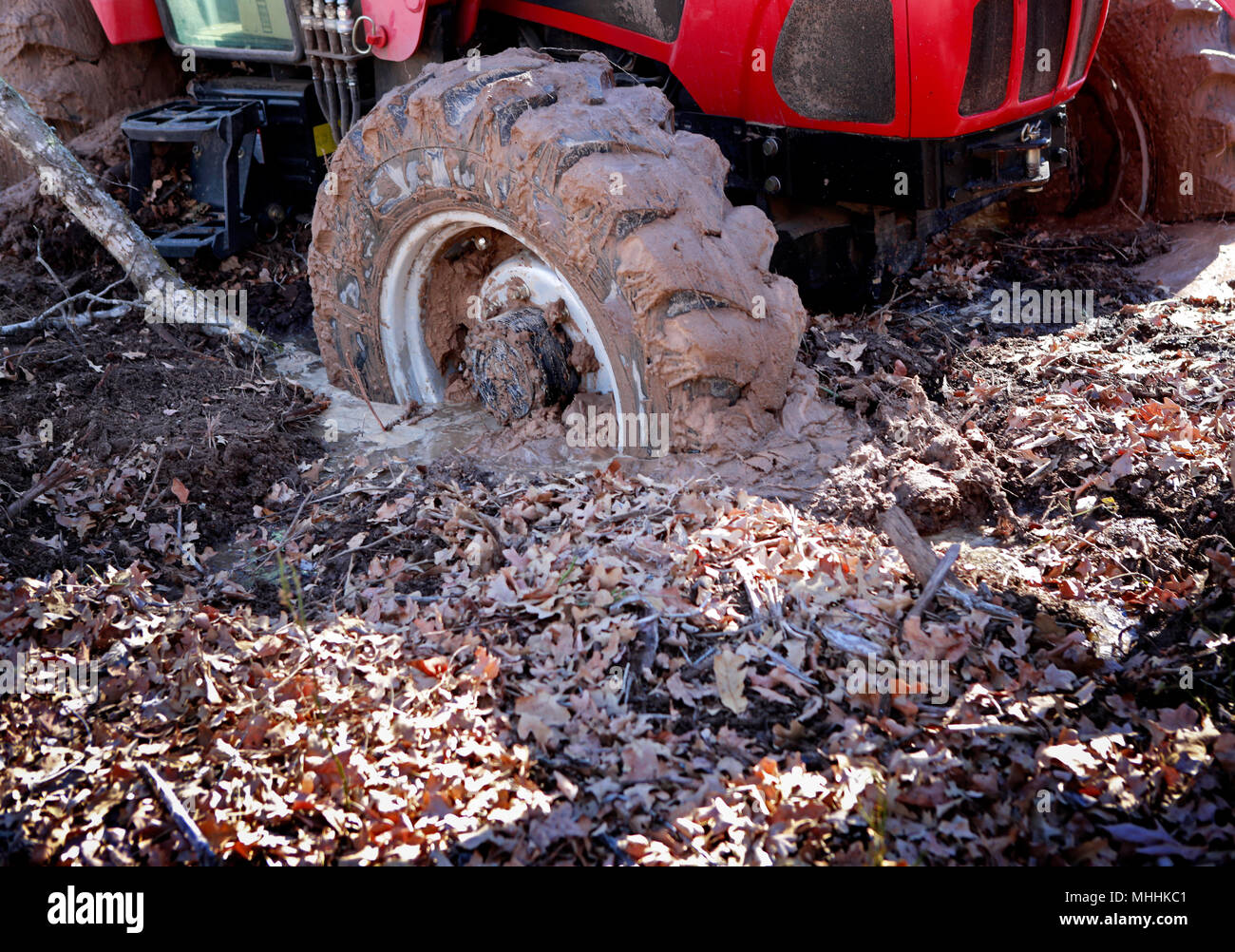 Rad des Großen Roten moderne Traktor saugen im Schlamm Stockfoto