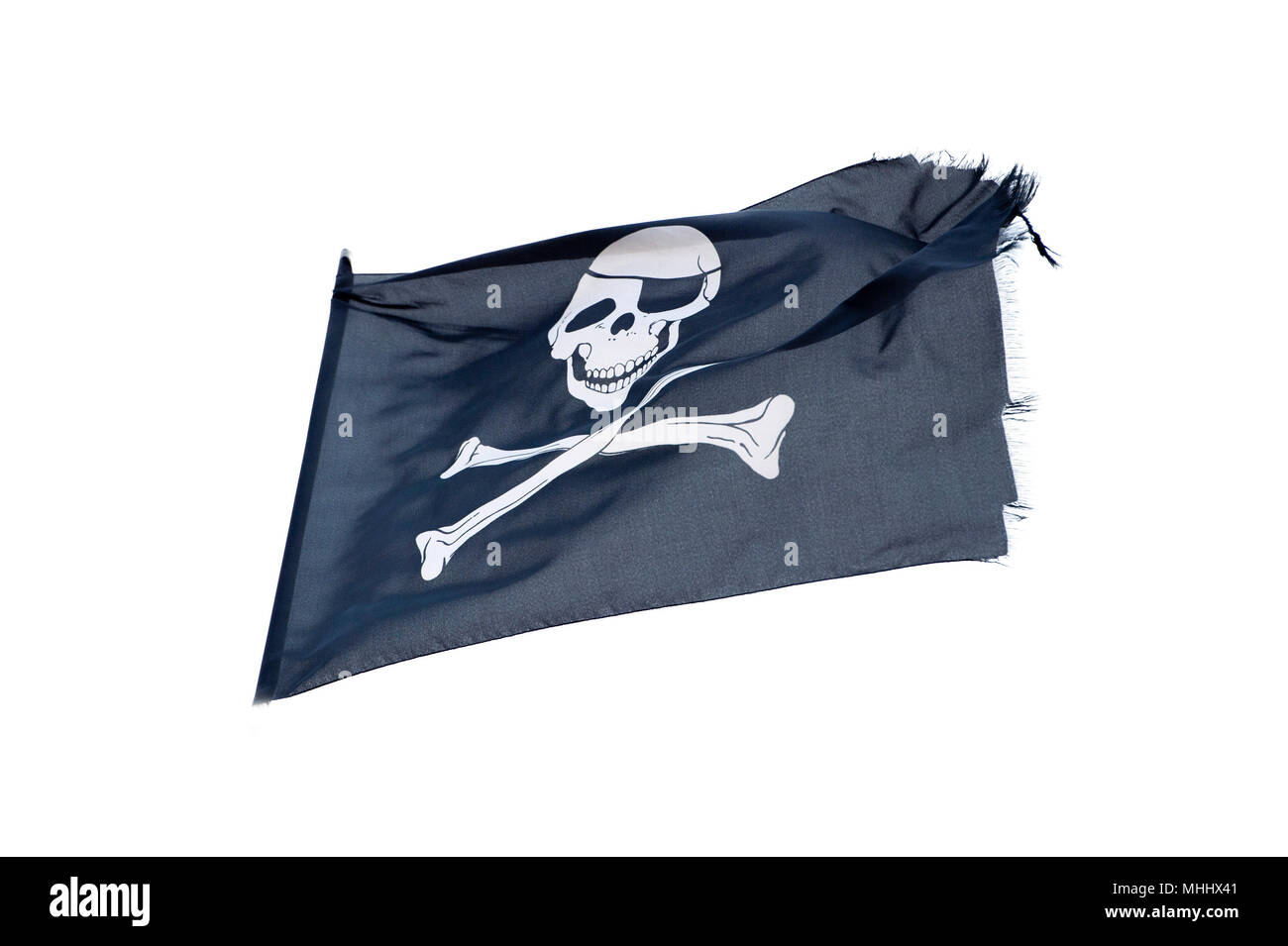 Wehende Piratenflagge Jolly Roger auf weißem Hintergrund Stockfoto