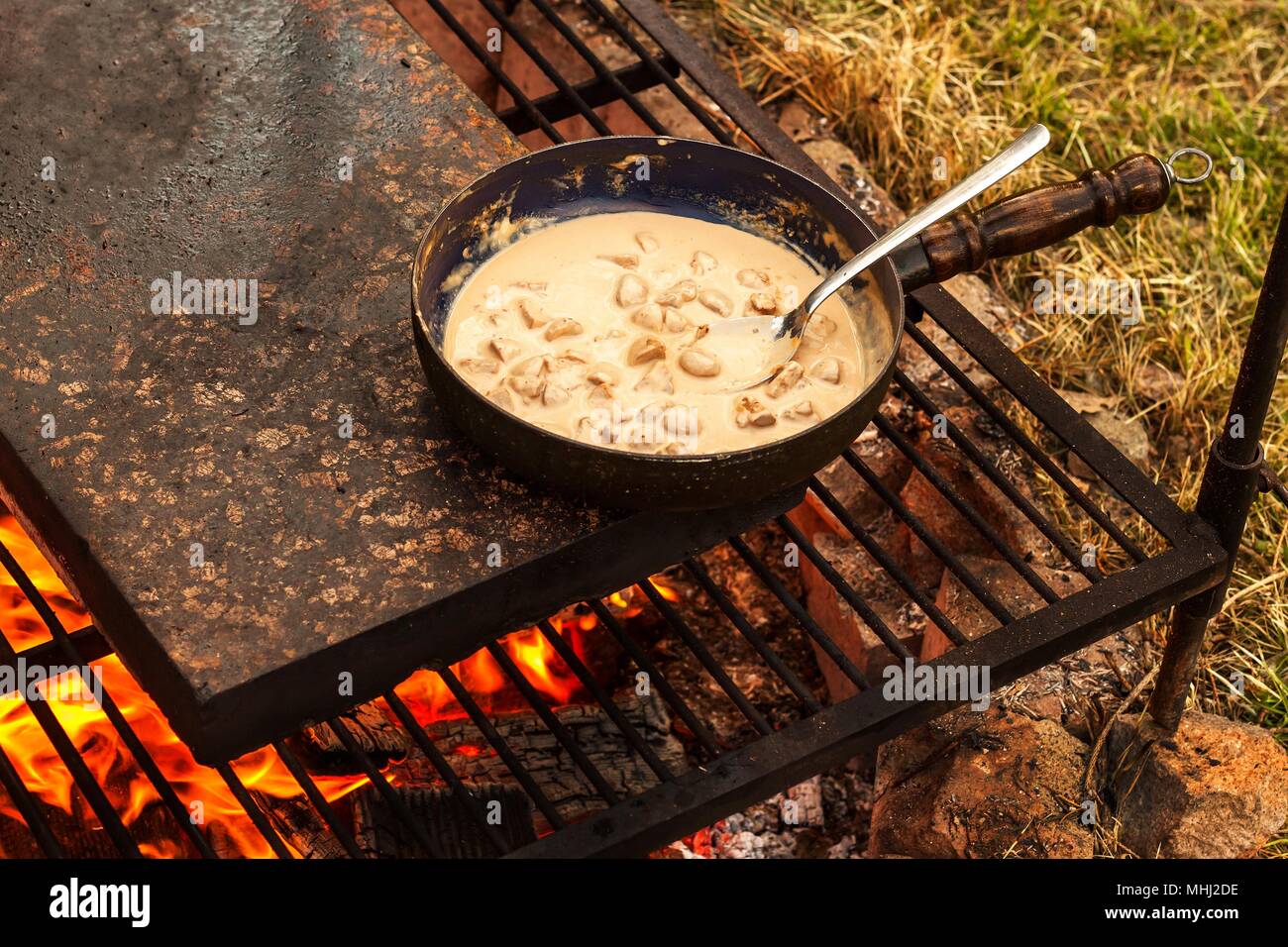 Emaillierte Pfanne auf Feuer. Vorbereitung des Pilzes Steak Sauce. Feuer im Lager Stockfoto