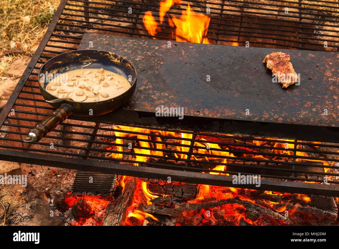 Emaillierte Pfanne auf Feuer. Vorbereitung des Pilzes Steak Sauce. Feuer im Lager Stockfoto