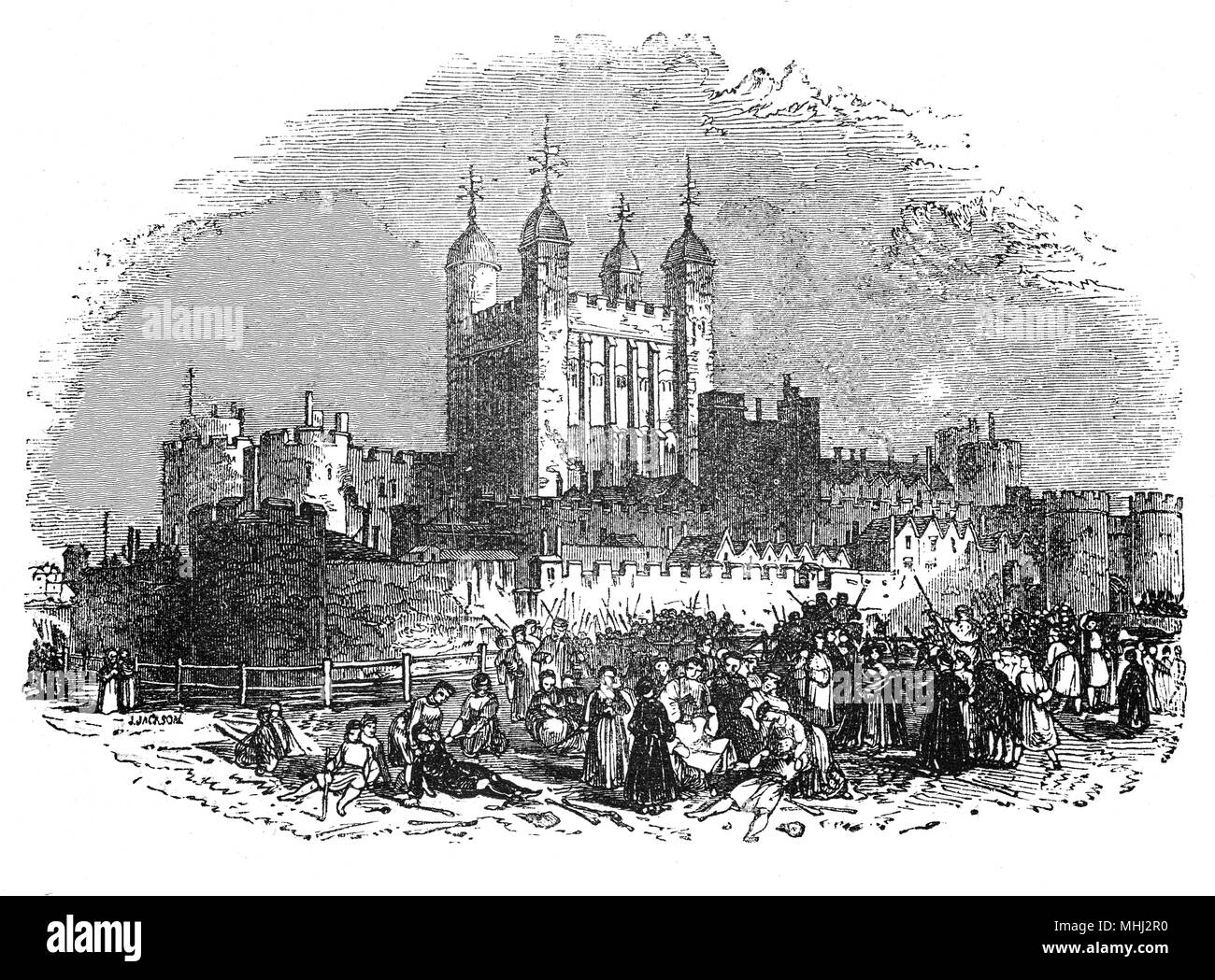 Der Tower von London, befindet sich auf dem Nordufer der Themse im Zentrum von London. und wurde Ende 1066 als Teil der Normannischen Eroberung Englands gegründet. Das Schloss wurde ab 1100 als Gefängnis genutzt, obwohl früh in seiner Geschichte, es als königliche Residenz diente. Hier im 15. Jahrhundert, der Turm ist ein Komplex von mehreren Gebäuden innerhalb von zwei konzentrischen Ringen von Mauern und einem Wassergraben. Es gab mehrere Phasen der Expansion, vor allem unter verschiedenen Könige im Laufe der Jahrhunderte, aber das allgemeine Layout vom Ende des 13. Jahrhunderts etabliert bleibt intakt. Stockfoto