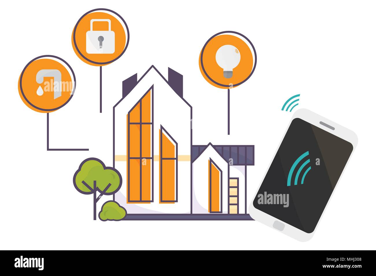 Vector Illustration für Smart Home Technologie promo. Haus mit einem Wireless smart Technologie Symbole und ein Smartphone. Innovation Konzept für Internet der Dinge und Domotica oder Home Automation Materialien Stock Vektor