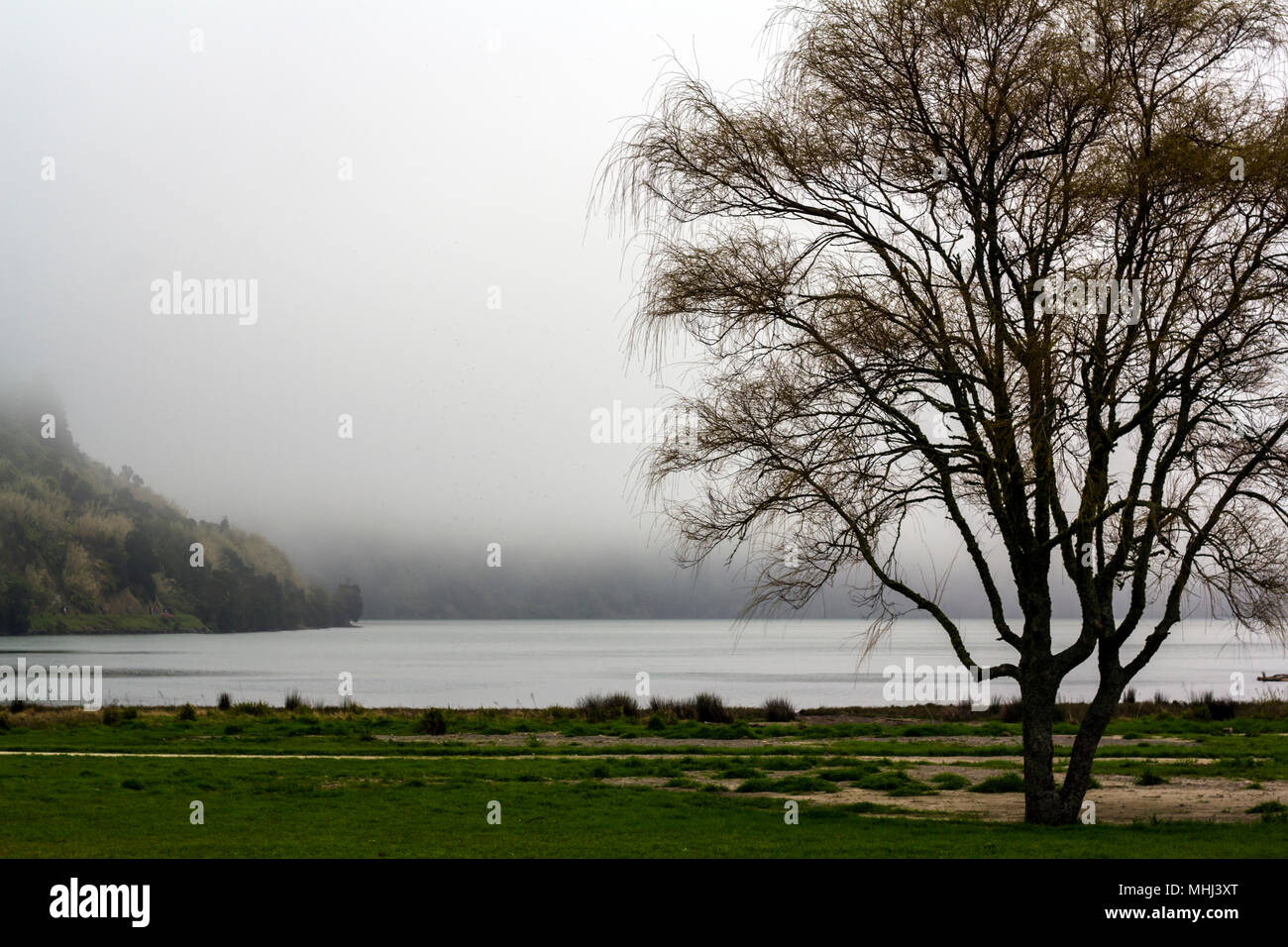 Friedlichen Landschaft mit Nebel über dem See Stockfoto
