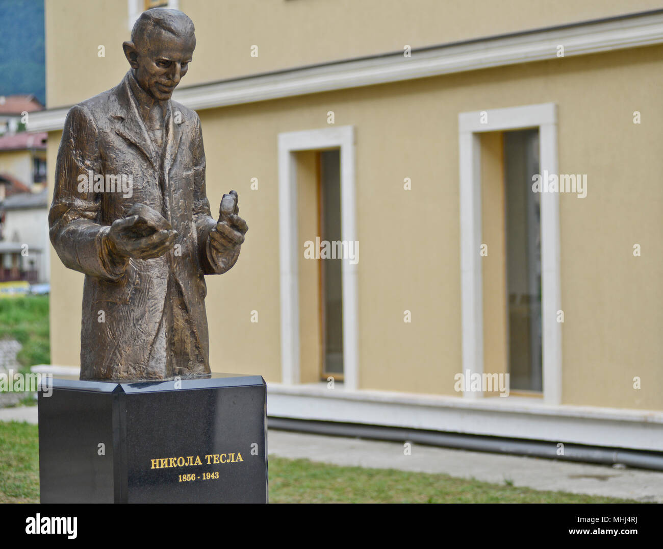 Nikola Tesla Statue in Andricgrad, Visegrad, Bosnien & Herzegowina Stockfoto