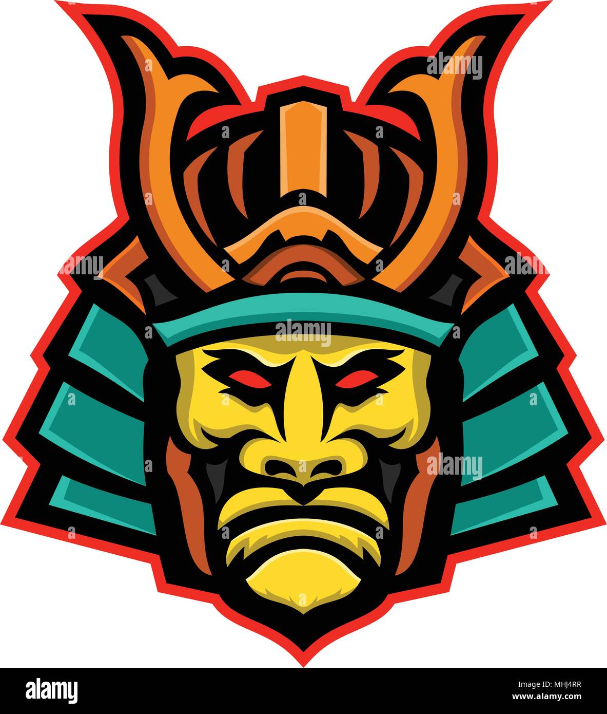Maskottchen Symbol Abbildung: Kopf eines Samurai Krieger Tragen eines Mengu oder Mempo, Arten von Facial armor von vorne auf dem isolierten Hintergrund betrachtet in r Stock Vektor