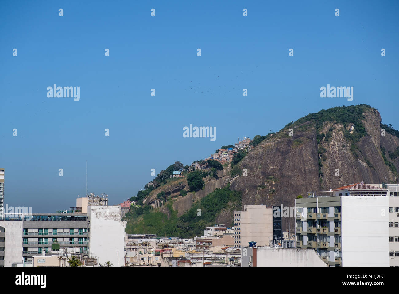 Blick auf Cantagalo Hill, mit seiner Favela Pavao Pavaozinho, vom Dach des luxuriösen Hotel in Copacabana gesehen. Stockfoto