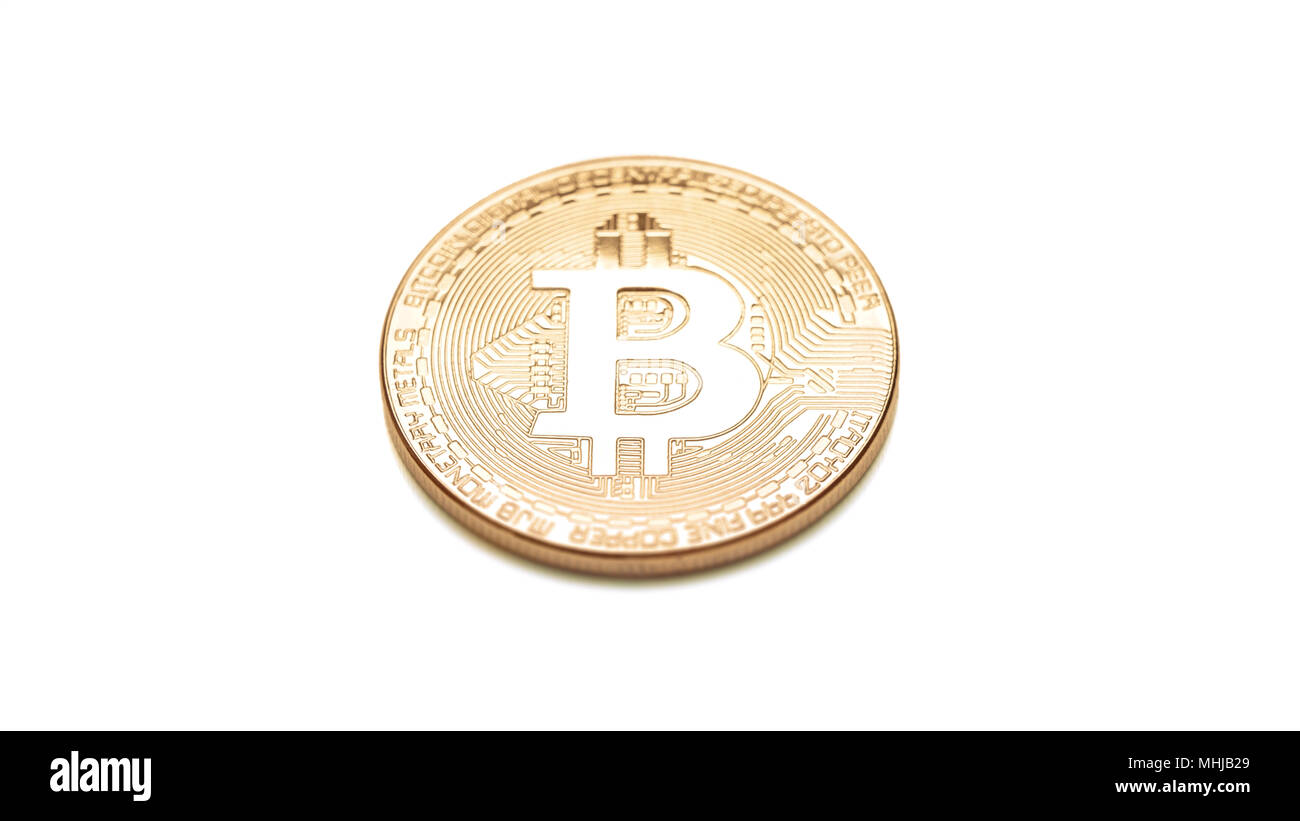 Bitcoin cryptocurrency Konzept, physische Münze mit selektiven Fokus und flache Tiefenschärfe in 16:9 Banner oder header format Stockfoto