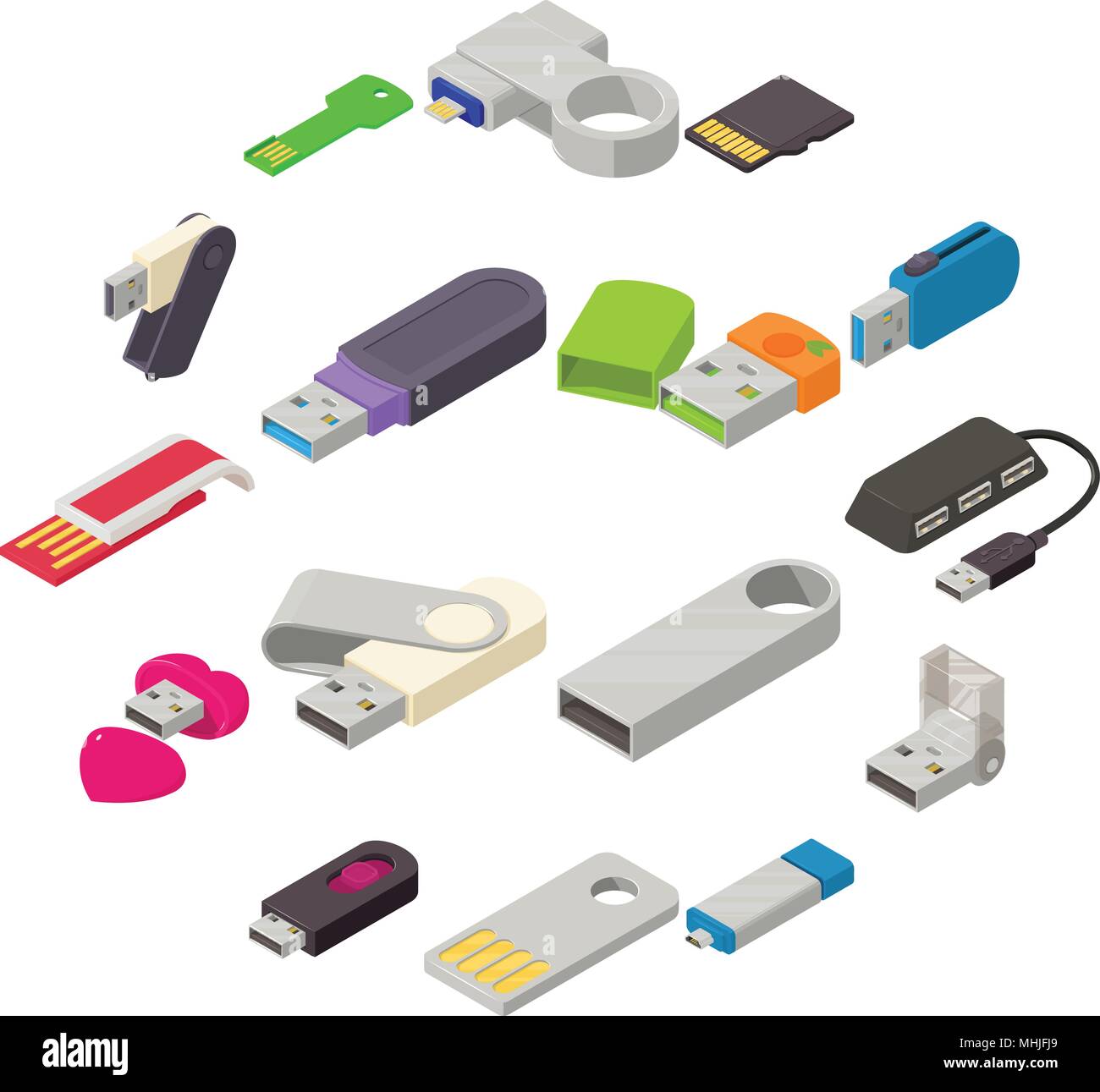 USB-Flash-Laufwerk Symbole gesetzt, isometrische Stil Stock Vektor