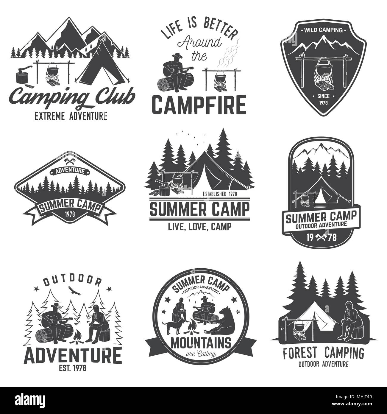 Sommer Camp. Vector Illustration. Konzept für Hemd oder Logo, Print, Stempel oder T-Stück. Stock Vektor