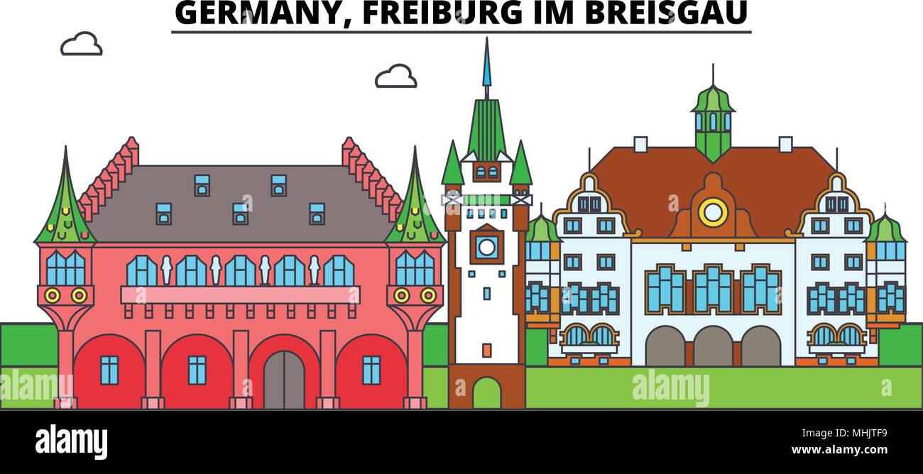 Deutschland, Freiburg im Breisgau. Die Skyline der Stadt, Architektur, Gebäude, Straßen, Silhouette, Landschaft, Panorama, Wahrzeichen. Flaches Design line Vector Illustration Konzept. Isolierte Symbole Stock Vektor