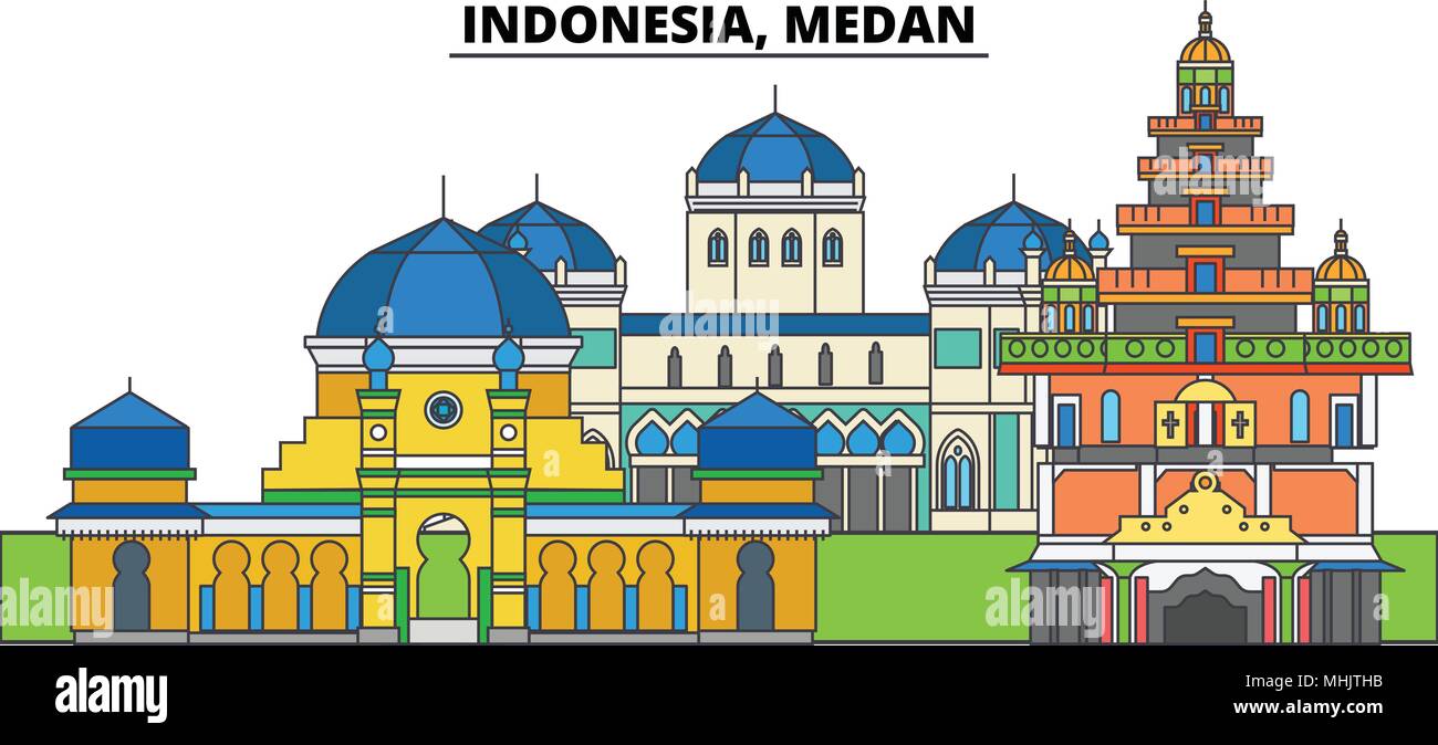 Indonesien, Medan. Die Skyline der Stadt, Architektur, Gebäude, Straßen, Silhouette, Landschaft, Panorama, Wahrzeichen. Editierbare Anschläge. Flaches Design line Vector Illustration Konzept. Isolierte Symbole Stock Vektor