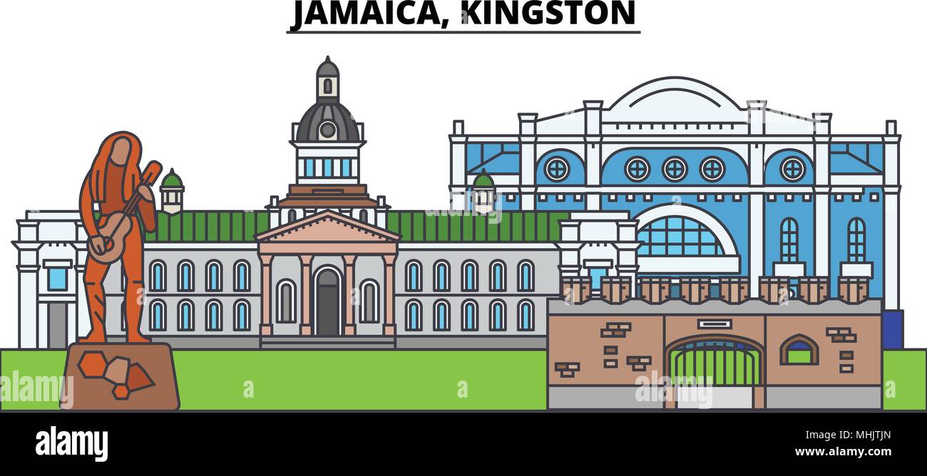 Jamaika, Kingston. Die Skyline der Stadt, Architektur, Gebäude, Straßen, Silhouette, Landschaft, Panorama, Wahrzeichen. Editierbare Anschläge. Flaches Design line Vector Illustration Konzept. Isolierte Symbole Stock Vektor