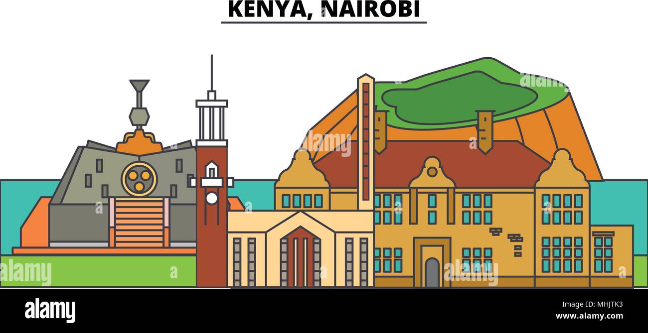 Kenia, Nairobi. Die Skyline der Stadt, Architektur, Gebäude, Straßen, Silhouette, Landschaft, Panorama, Wahrzeichen. Editierbare Anschläge. Flaches Design line Vector Illustration Konzept. Isolierte Symbole Stock Vektor