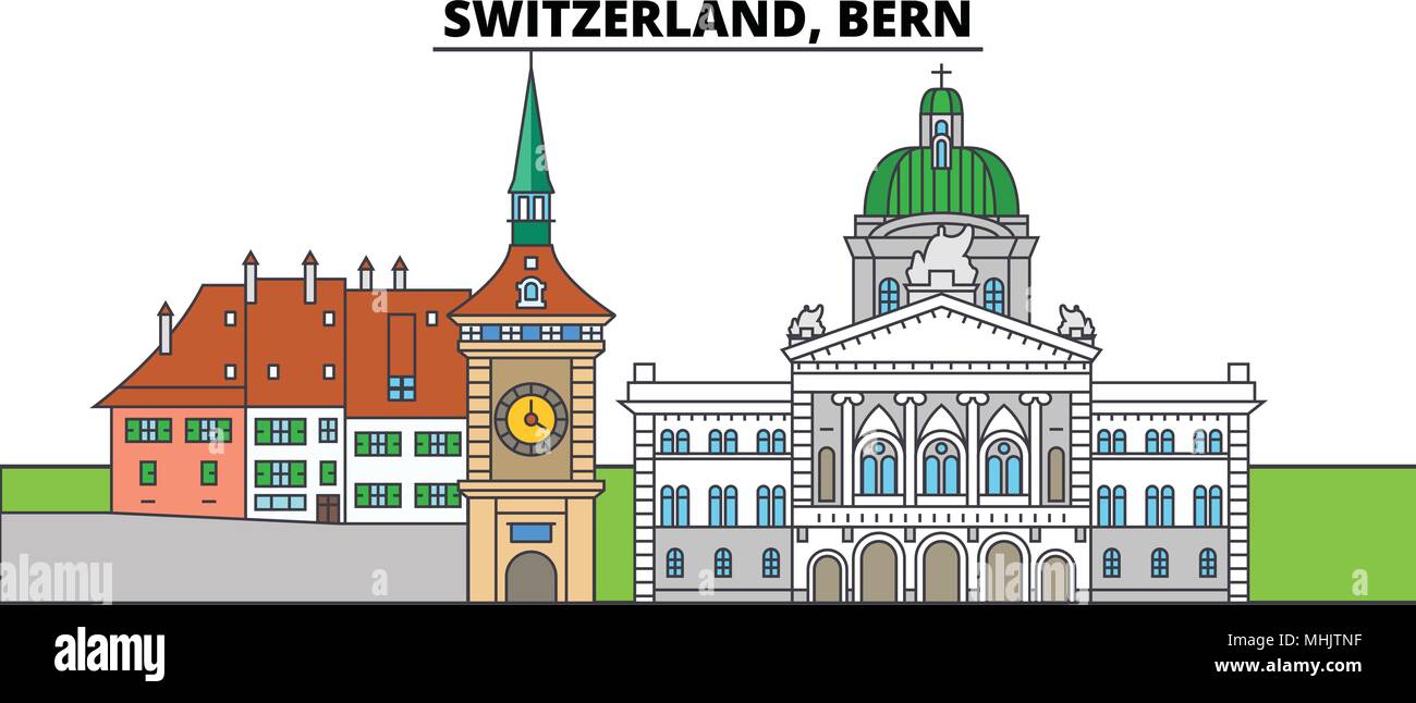 Schweiz, Bern. Die Skyline der Stadt, Architektur, Gebäude, Straßen, Silhouette, Landschaft, Panorama, Wahrzeichen. Editierbare Anschläge. Flaches Design line Vector Illustration Konzept. Isolierte Symbole Stock Vektor