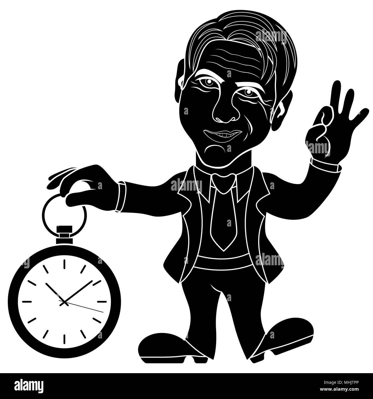 Silhouette der Gentleman mit Uhr in der Hand, konzeptionelle cartoon Schablone Vector Illustration Stock Vektor
