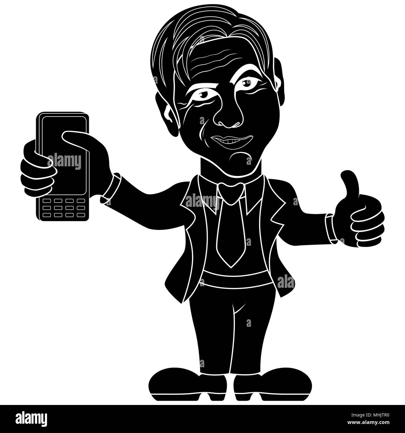 Silhouette von lächelnden Gentleman mit einem Mobiltelefon, Schablone cartoon Vector Illustration Stock Vektor