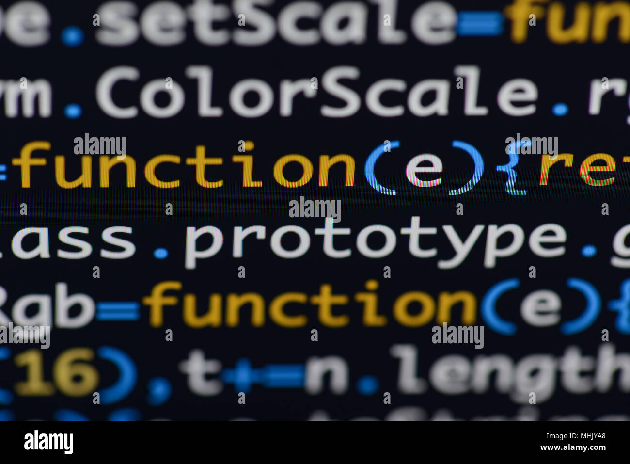 Echten Java Script Code entwickeln. Programmierung Workflow abstrakter Algorithmus Konzept. Nahaufnahme von Java Script und HTML-Code. Stockfoto