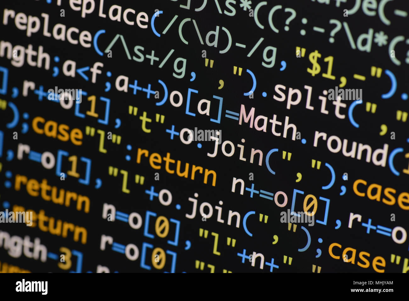 Echten Java Script Code entwickeln. Programmierung Workflow abstrakter Algorithmus Konzept. Nahaufnahme von Java Script und HTML-Code. Stockfoto