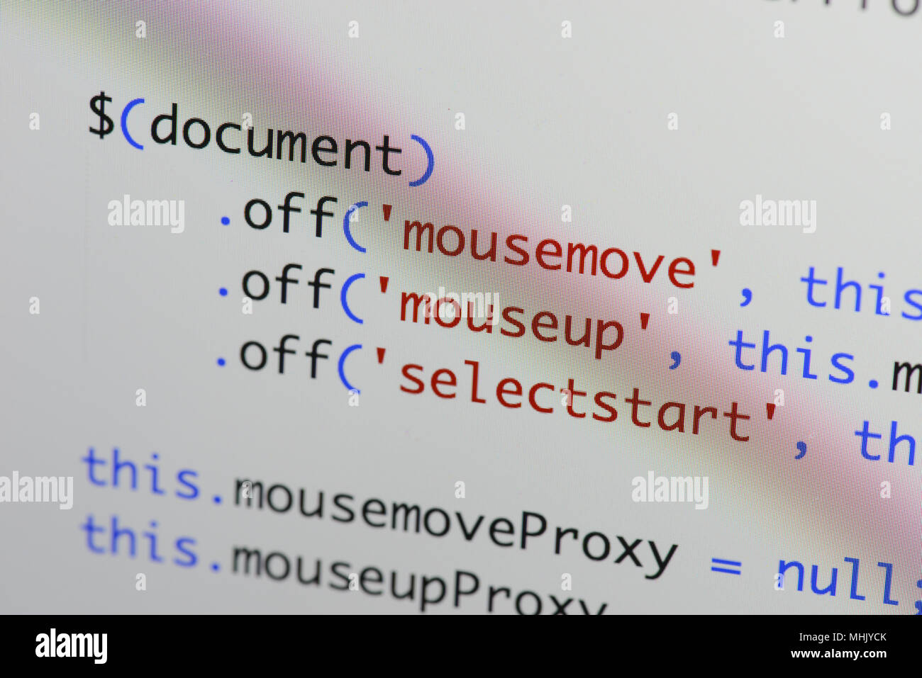 Echten Java Script Code entwickeln. Programmierung Workflow abstrakter Algorithmus Konzept. Nahaufnahme von Java Script und HTML-Code. Stockfoto